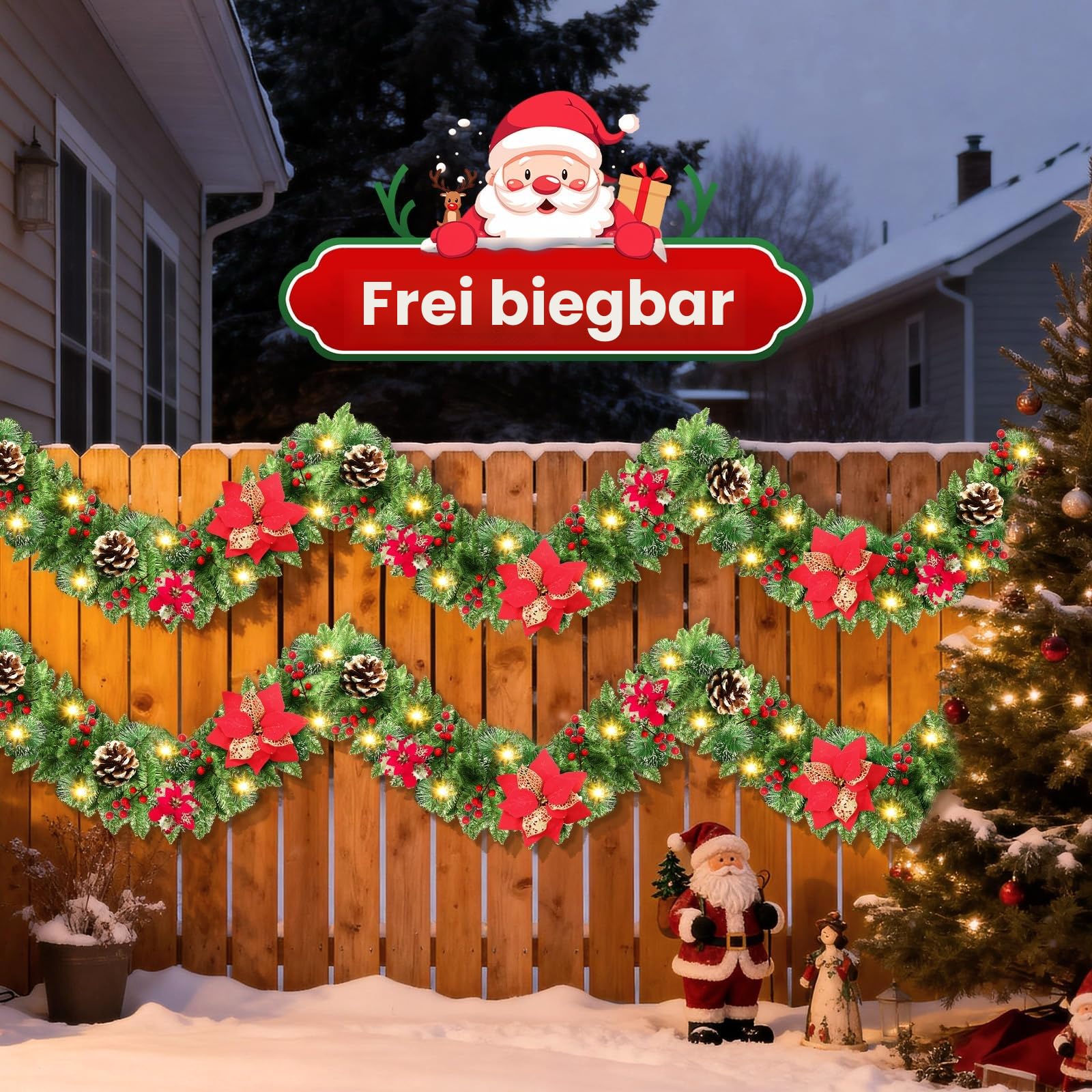 2.7m Weihnachtsgirlande mit Beleuchtung, IP65 LED Tannengirlande batteriebetrieben mit Timerfunktion, Weihnachtsdeko Girlande für Innen & Außen, Deko für Treppen, Kamin, Haustür