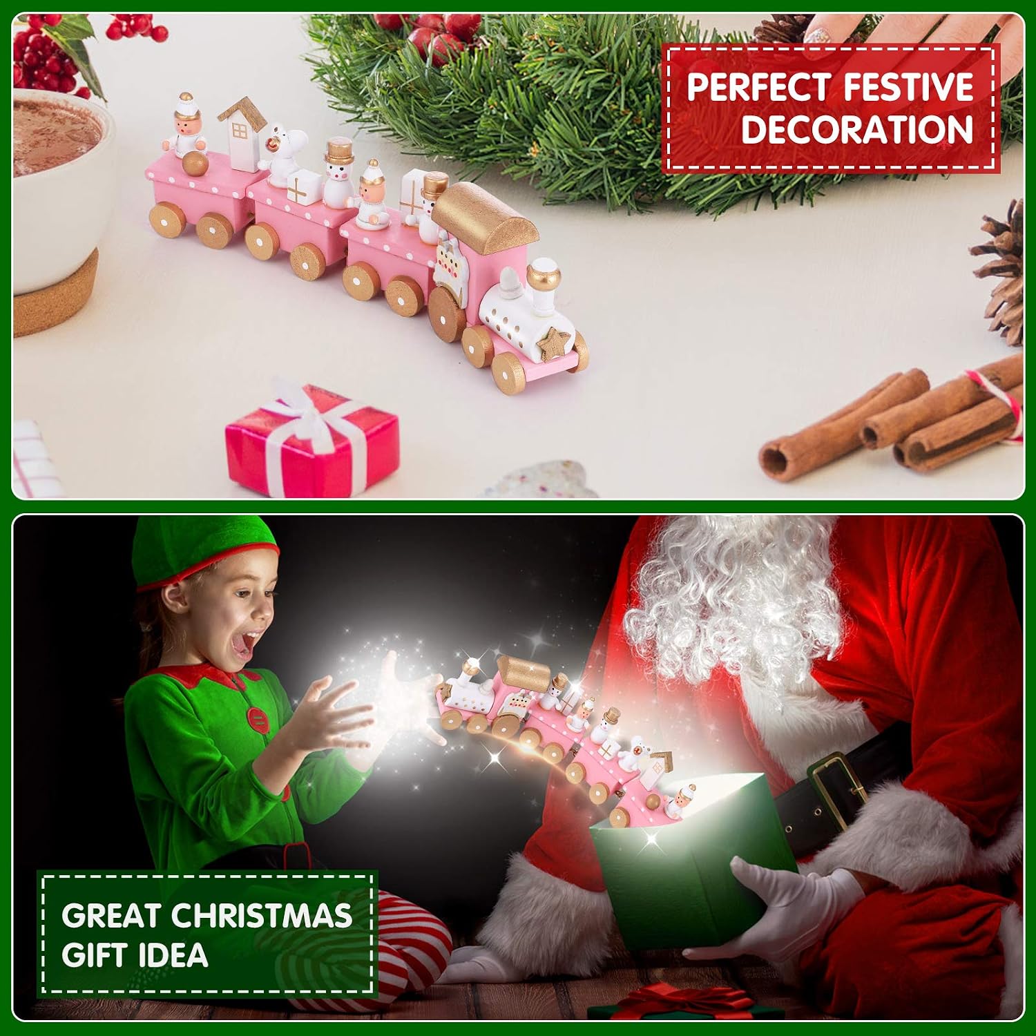 NUOBESTY Winter Wonderland Wooden Mini Train Set for Christmas Party Decorations Under Tree Pink
