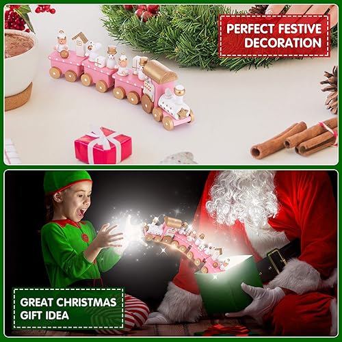 Miniatura 5 de NUOBESTY Winter Wonderland - Juego de tren de madera para decoraciones de fiesta de Navidad debajo del árbol, color rosa