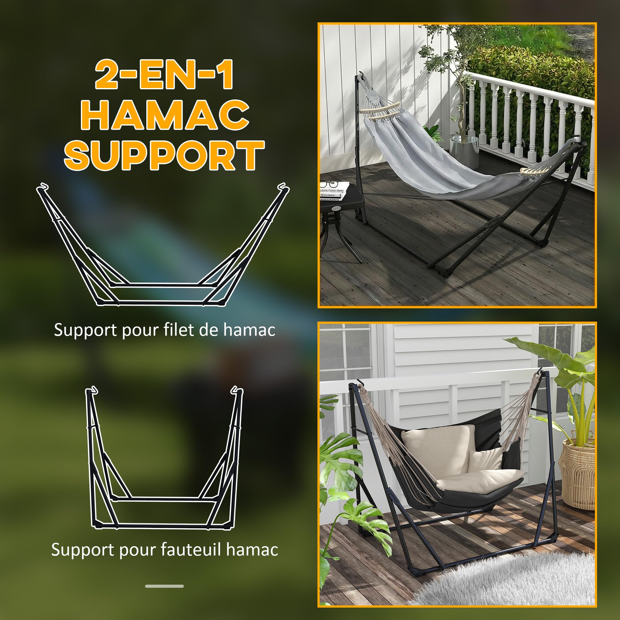 Outsunny - Soporte con hamaca plegable de acero, soporte 2 en 1 para hamaca o silla colgante, bolsa de transporte incluida, 268 x 89 x 100 cm, color gris