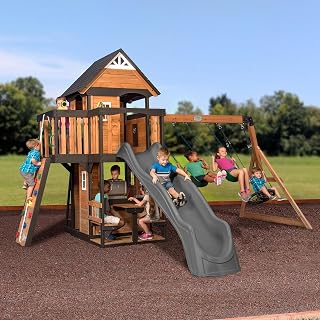 Backyard Discovery Canyon Creek Cedar Swing Set - Rock Wall, 8ft Wave Slide, Clubhouse, Swings, Playhouse Playset
