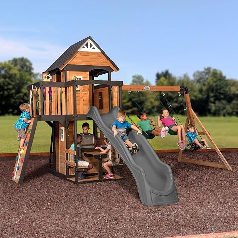 Backyard Discovery Canyon Creek Cedar Wood Swing Set with Wave Slide, Clubhouse, Play Kitchen, Picnic Area, Belt Swings, Web Swin…