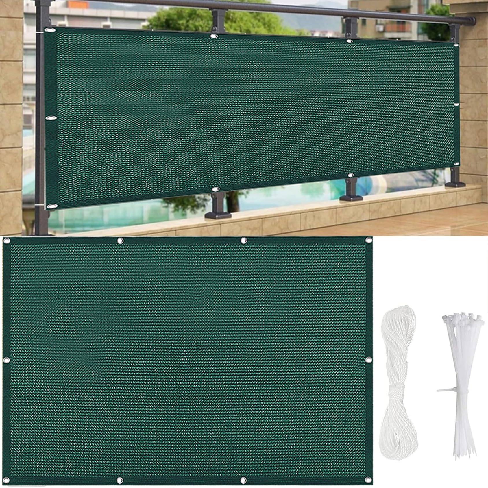Telo per Ringhiera Balcone 200x250cm Anti UV Telo Copri Ringhiera da Esterno con Fascette per Patio Privacy, Verde Scuro