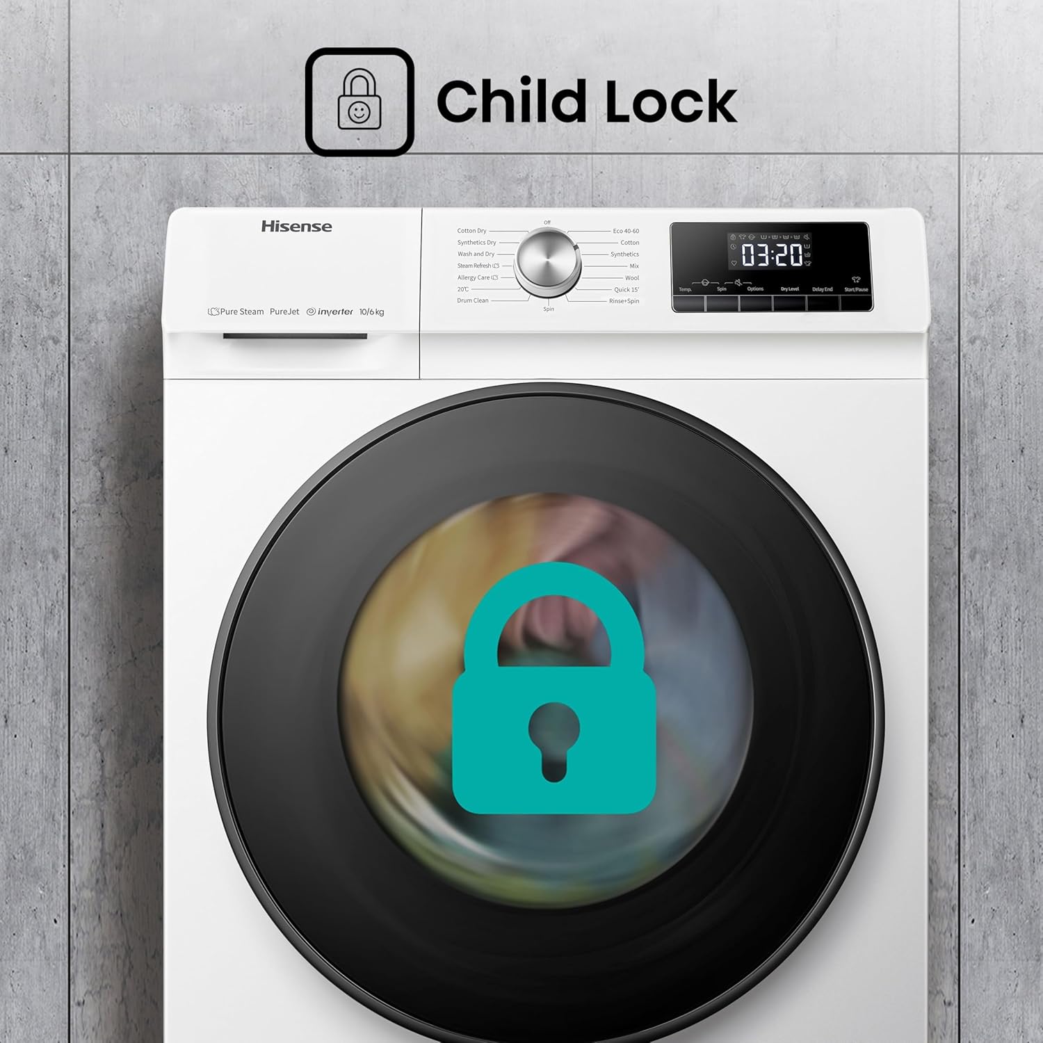 Çocuk kilidi simgesiyle kaplanmış Hisense marka çamaşır ve kurutma makinesi.