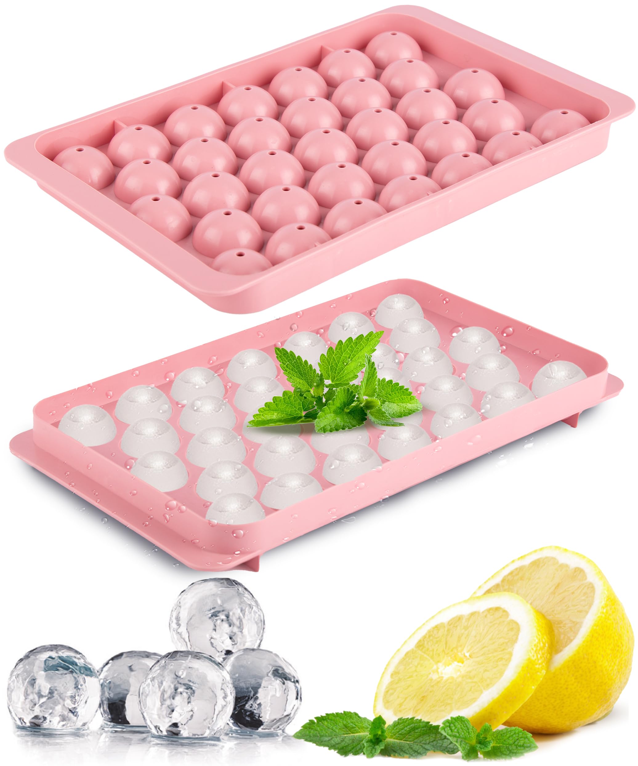 Milano Home Ice Cube Trays for Freezer - 33 PCS Round Ice Cube Mold with Lid, Pink