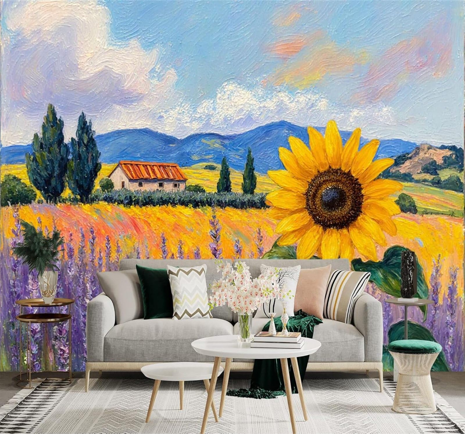 XLMING Sunflowers Lavender Fields Country Cottage Mountain Scenery 3D Wallpaper Silky Texture Home Study Office Grey Dining Room Sofa Bedroom Living Room TV Backdrop-350cm×256cm