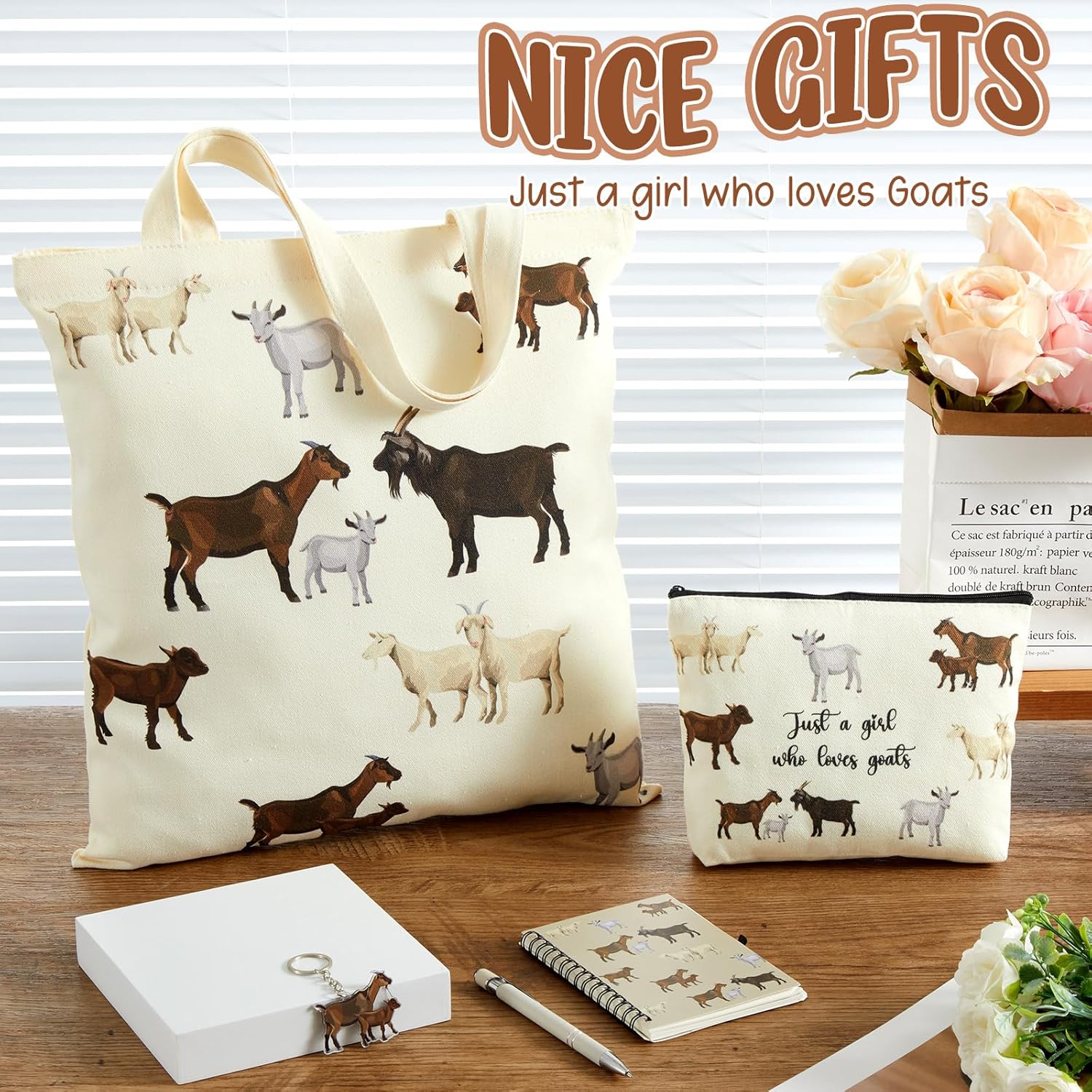 Kinlop 5 Pcs Goats Lover Gifts for Women Include Just a Girl Who Loves Goats Tote Bag Canvas Cosmetic Bag Coil Notebook Keychain and Ballpoint Pen for Women Girls - Image 4