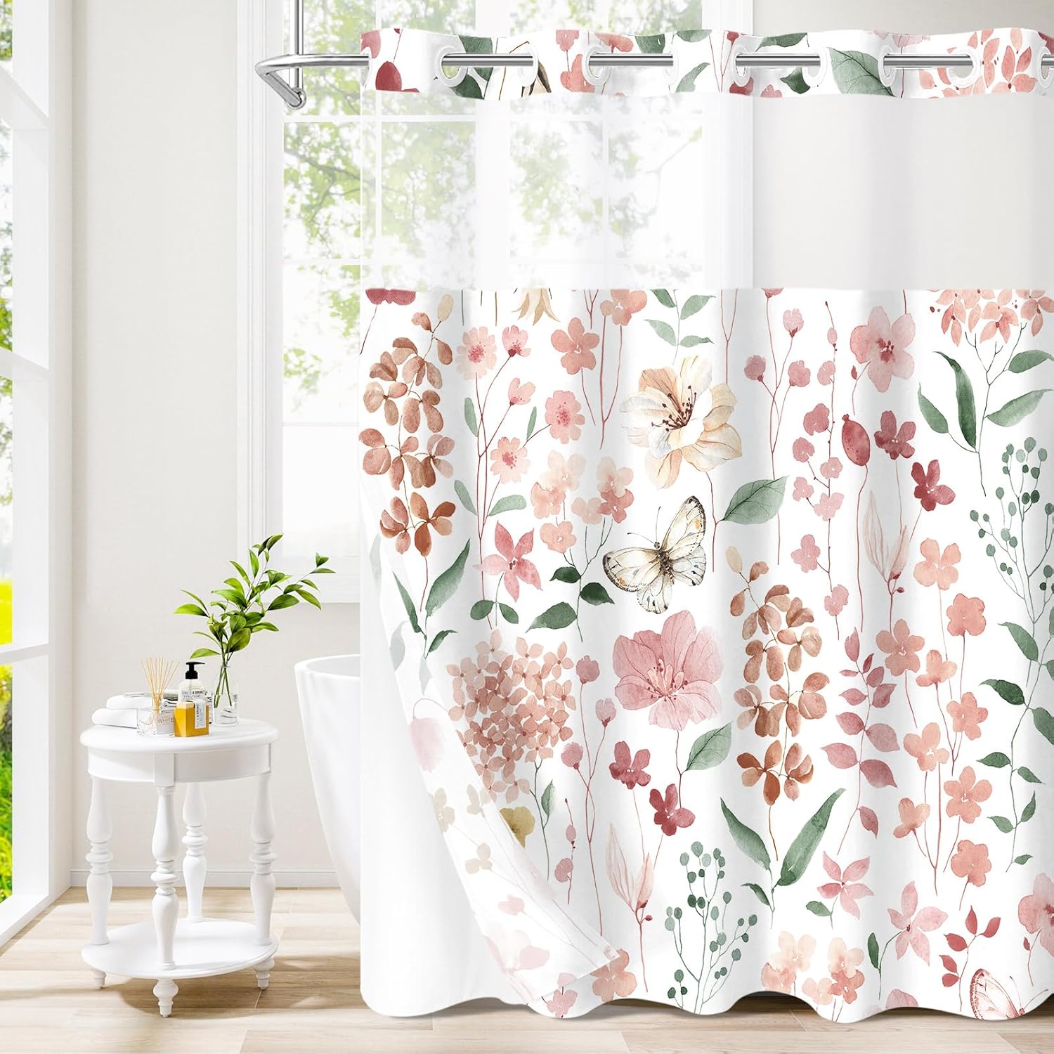 Extra Long No Hook Pink Watercolor Floral Shower Curtain and Liner Set, Flower Shower Curtains with Snap in Liner for Farmhouse Decor, Modern Botanical Bathroom Curtain with Leaves,72 x 86
