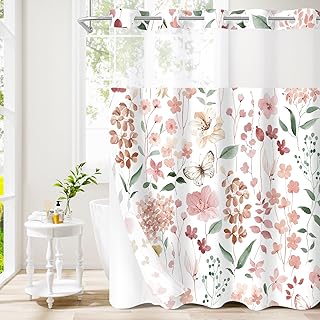 No Hook Pink Watercolor Floral Shower Curtain and Liner Set, Pink Flower Shower Curtains with Snap in Liner for Farmhouse Bathroom Decor, Modern Botanical Bathroom Curtain with Leaves, 72x74