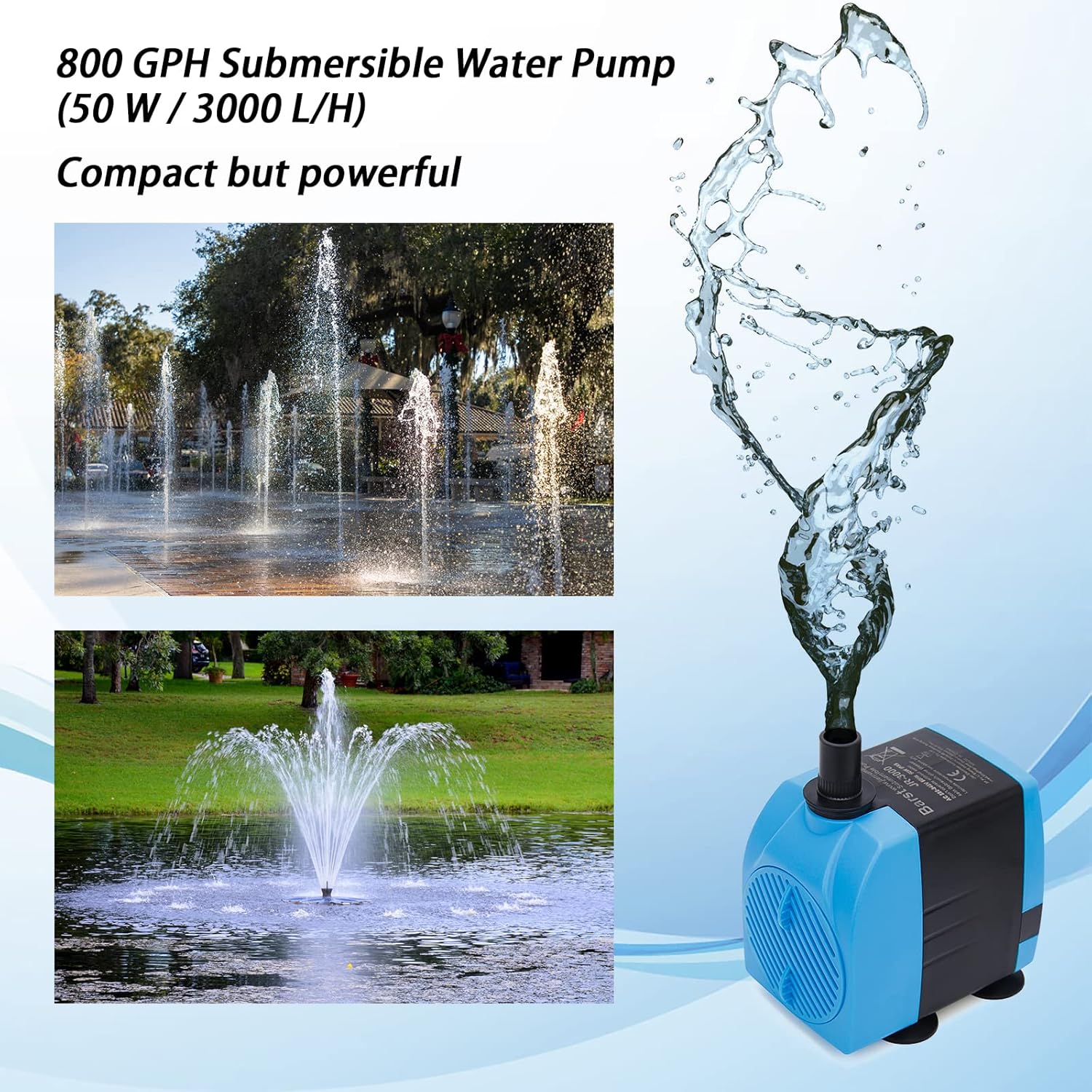 HUWLUIWA 200GPH Submersible Water Pump with 3.3 ft Tube,12W Mini Ultra Quiet Fountain Water Pump with 3 Nozzles for Aquariums, Pond, Fish Tank, Water Feature : Pet Supplies