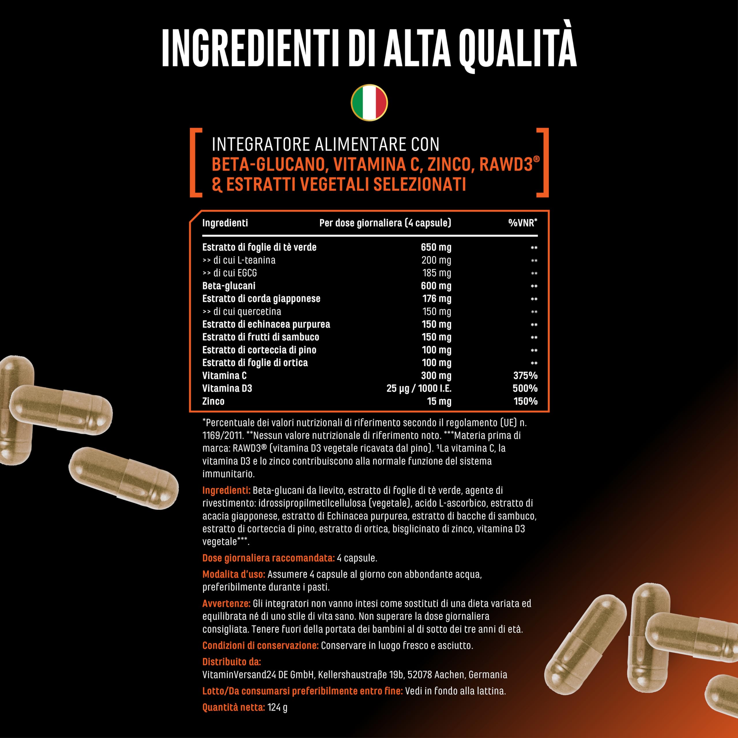Immunity Essentials Complesso - 180 capsule con beta-glucano, vitamina C, D3 (RAWD3®), zinco, quercetina, echinacea, sambuco ed estratti vegetali - ad alto dosaggio, vegano