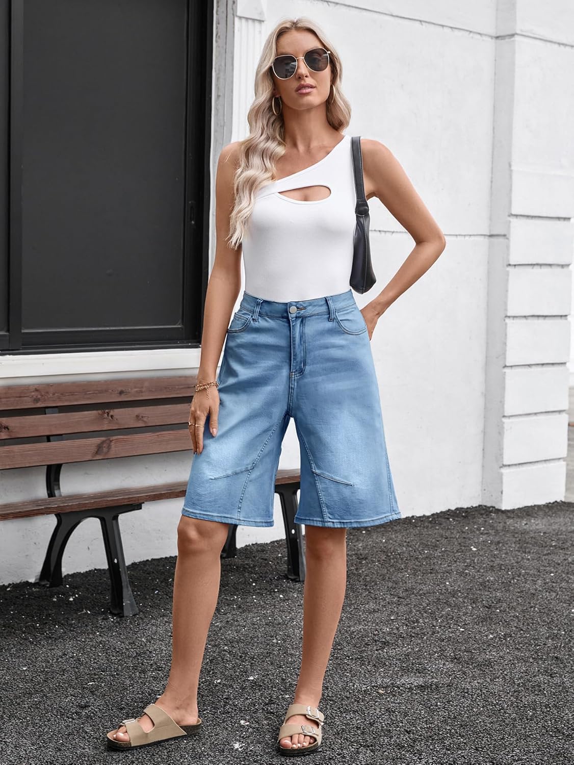 VICHYIE Womens Summer Denim Wide Leg Casual Loose Mid-Low Rise Jorts Bermuda Knee Length Jeans Short Pants - Image 3