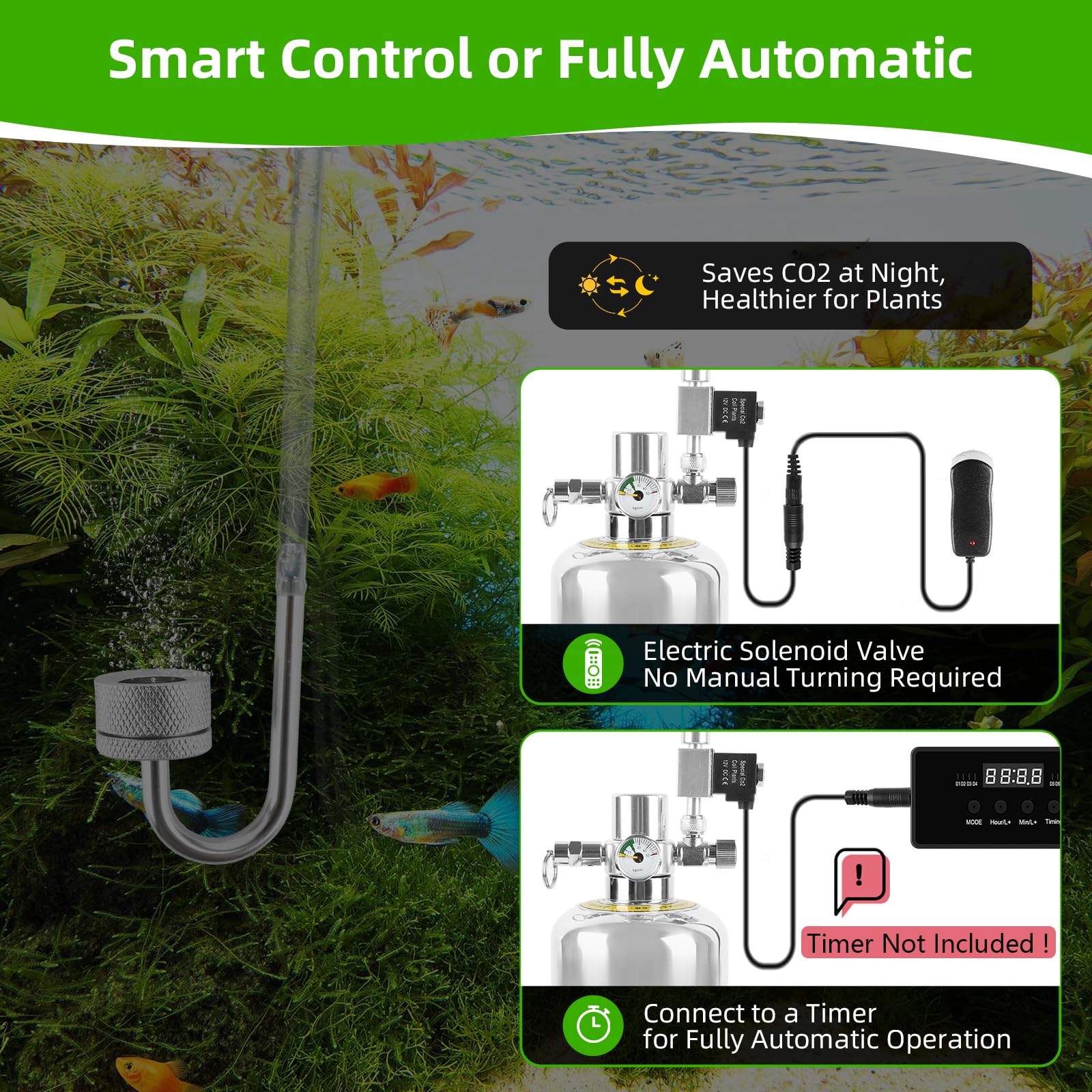 Kit Generador de CO2 para Acuario, Botella 2L Acero Inoxidable con Electroválvula y Contador de Burbujas