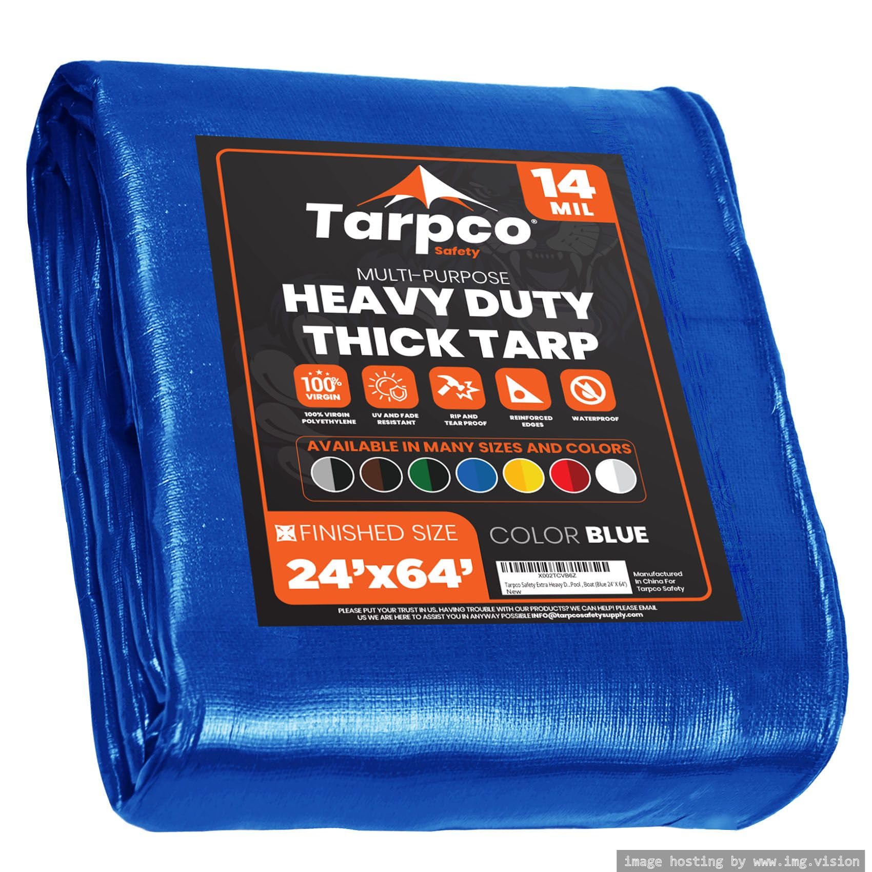 Extra Heavy Duty 14 Mil Tarp Cover, Waterproof, UV Resistant, Rip and Tear Proof, Poly Tarpaulin with Reinforced Edges for Roof, Camping, Patio, Pool, Boat (Blue 24′ X 64′)