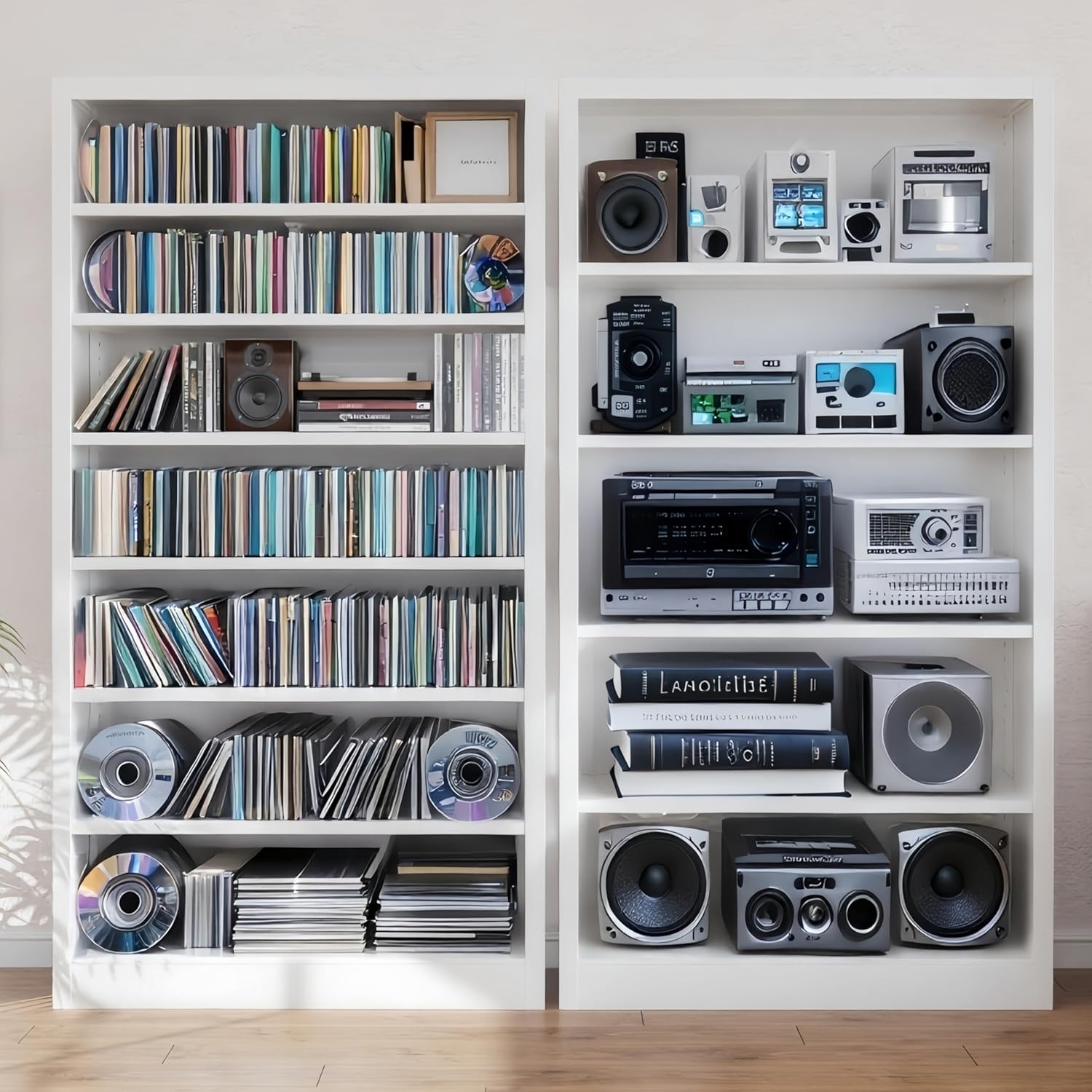 55" Media Storage Cabinet, Metal CD Storage Rack with 6 Adjustable Shelves, 7-Tier Large Stereo Cabinet for Living Room, Home Entertainment (White)