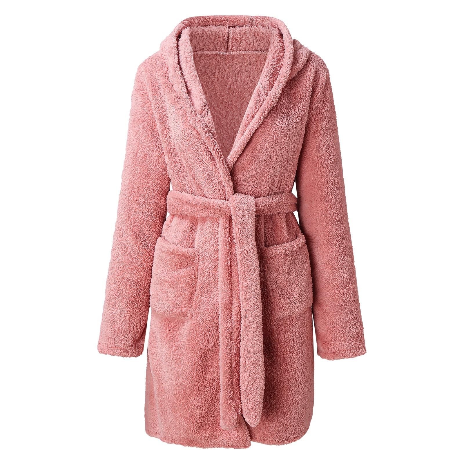 Women Fleece Bathrobe Plush Short Robe Long Sleeve Robe Attached Belt Lightweight Fleece Shawl Collar Soft Plush Spa Bathrobes Night Sleepwear Ladies Loungewear, Pink - L