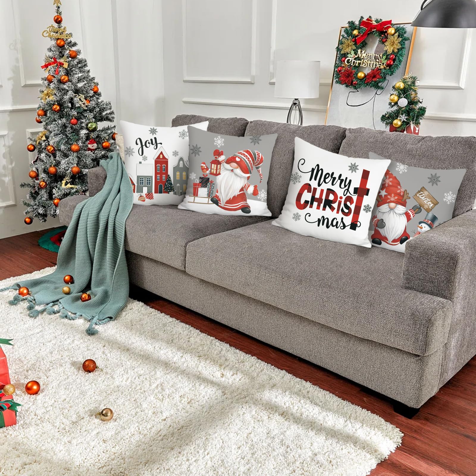 Bonhause Christmas Gnome Cushion Covers 45 x 45 cm Merry Christmas Tree Red Truck Decorative Throw Pillow Covers Polyester Linen Pillowcases for Sofa Bed Winter Xmas Decor Set of 4 - Image 3