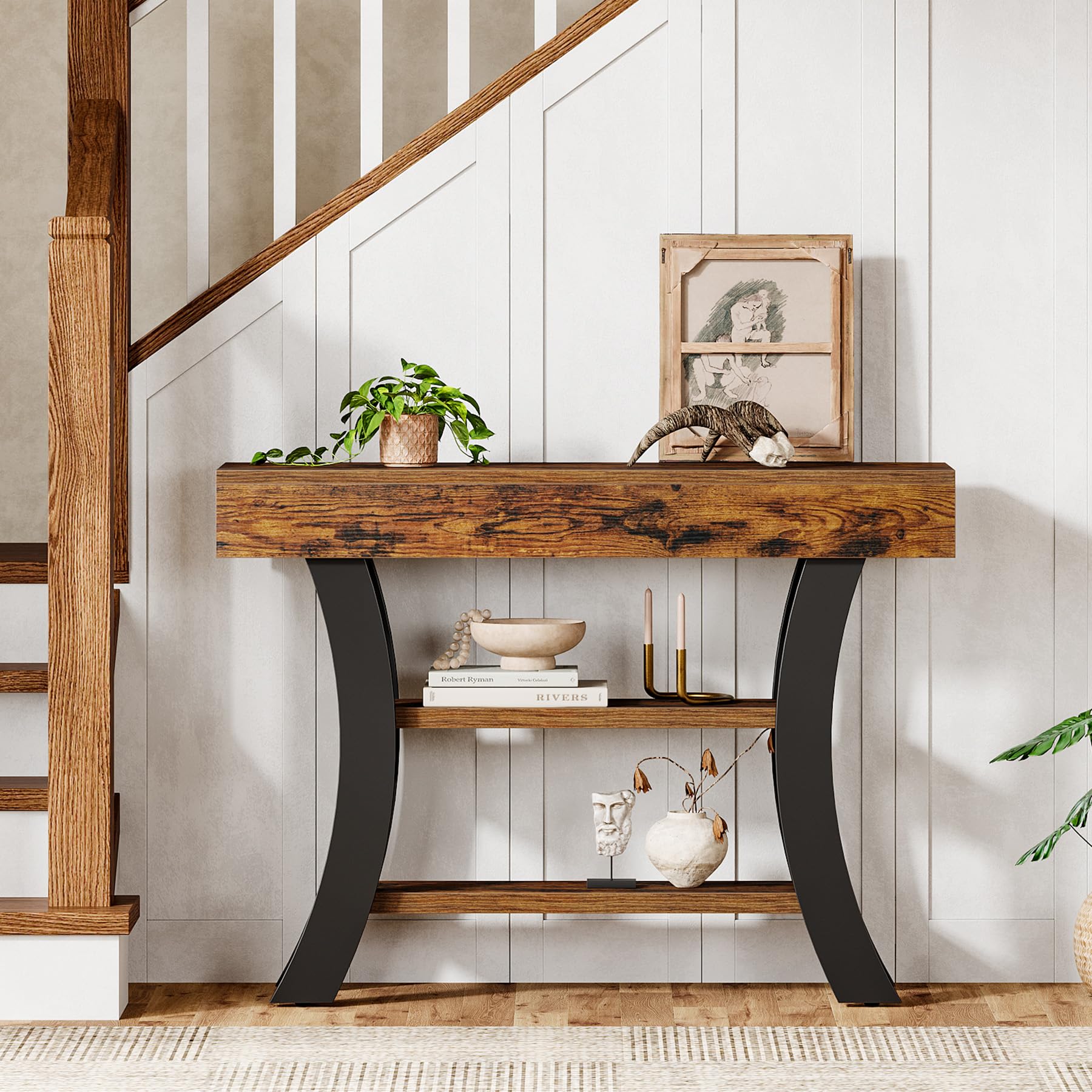 Tribesigns - Tavolo consolle piccolo da 105 cm per l'ingresso, tavolo da salotto rustico a 3 livelli con ripiani e cornice curva per soggiorno, ingresso, corridoio, foyer, marrone rustico