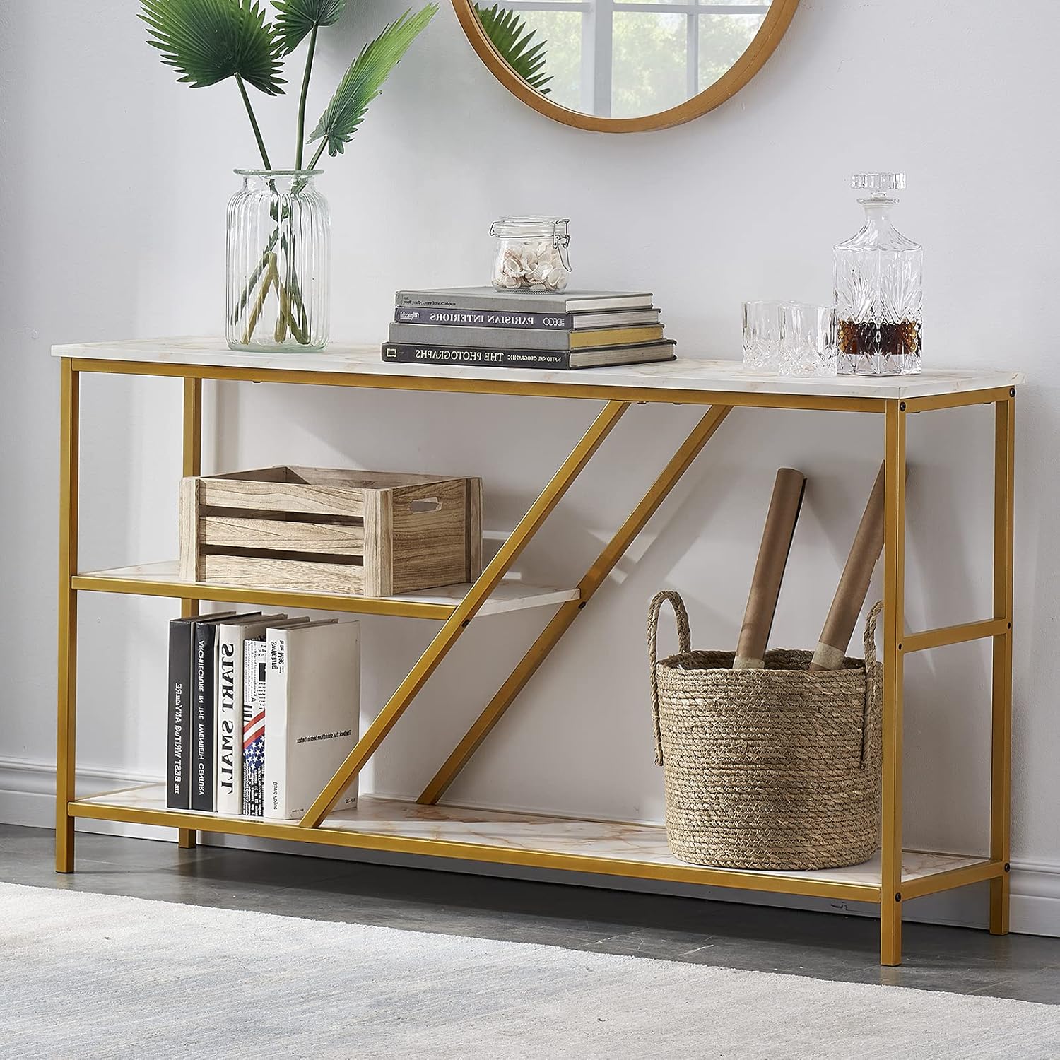 MHAOSEHU Console Tables for Entryway Modern Sofa Table with Shelves, 3 Tier Hallway Table Entry Table with Storage, Faux Marble/Earthy Yellow 47 Inch : Home & Kitchen