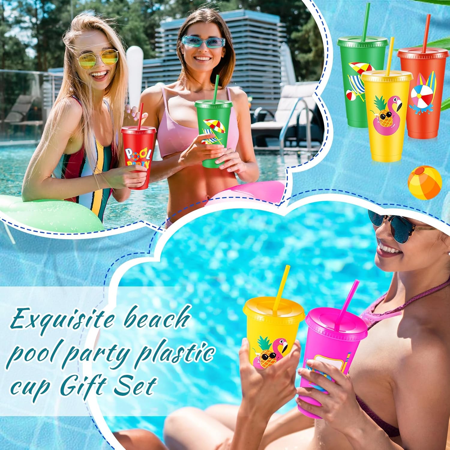 Chuangdi 12 Pcs Beach Pool Party Plastic Cups with Lids and Straws 24 oz Summer Luau Swimming Pool Themed Tumblers Drinking Cups for Beach Ball Hawaii Holiday Gifts Birthday Party Decorations Favors - Image 6