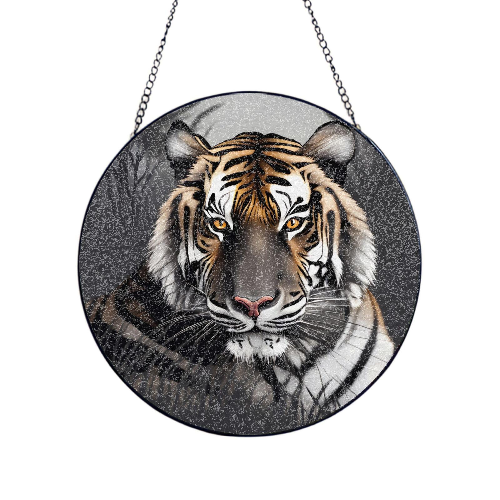 Phayah Tiger At Rest Print Glass Window Hanging Round Suncatcher Glass Ornament Garden Wall Fence Decorations Indoor Outdoor 4in（10cm）