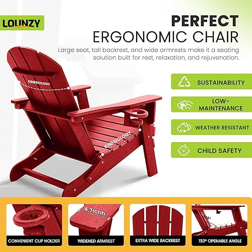Miniatura 5 de LOUNZY Silla Adirondack plegable, color rojo oscuro