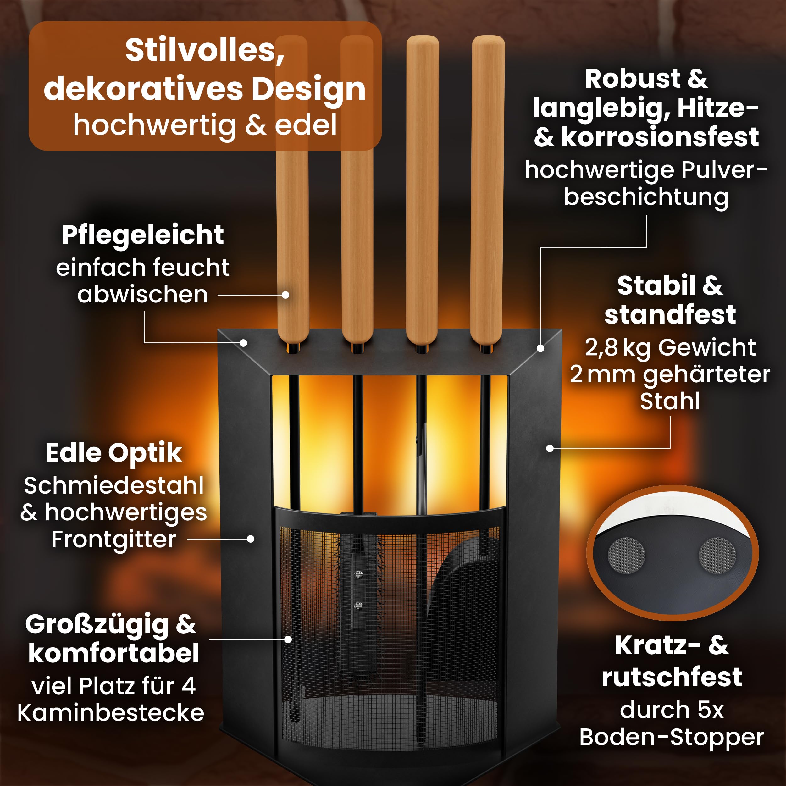 BLACK OAK Kaminbesteck DAVOS 5-teilig - edles & dekoratives Ofenbesteck Set schwarz mit Holzgriff 5 teilig Ständer + Kaminzange Schürhaken Ascheschaufel Kaminbesen Stahl Kaminzubehör Besteck für Ofen