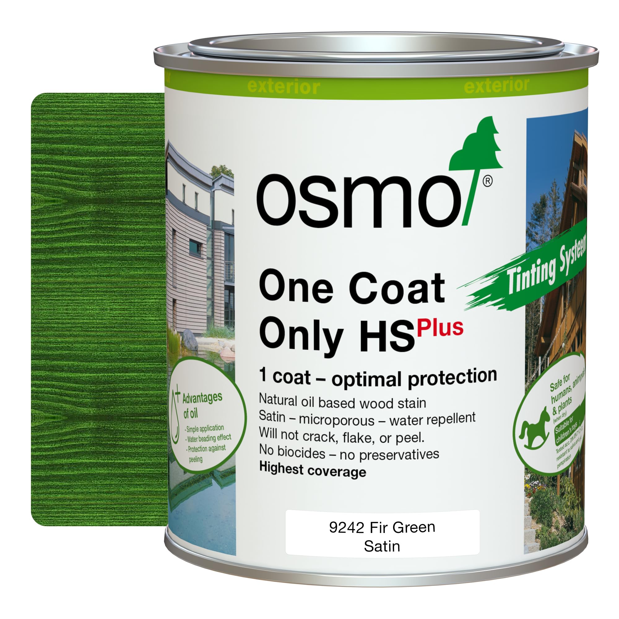 Osmo One Coat Only HS Plus 9242 Transparent Fir Green 750ml – High Coverage Exterior Wood Stain for Cladding & Fencing – One Coat Protection – Water & UV Resistant Satin Finish — image 1