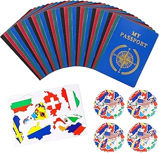 124 Pcs Kids Passport Book with Flags Travel Stickers for Boys and Girls, 4 Colors Passport Book for School Supplies, Wall Decals, Collections, Scrapbooks, Game Prizes, Party Favors, Arts Crafts