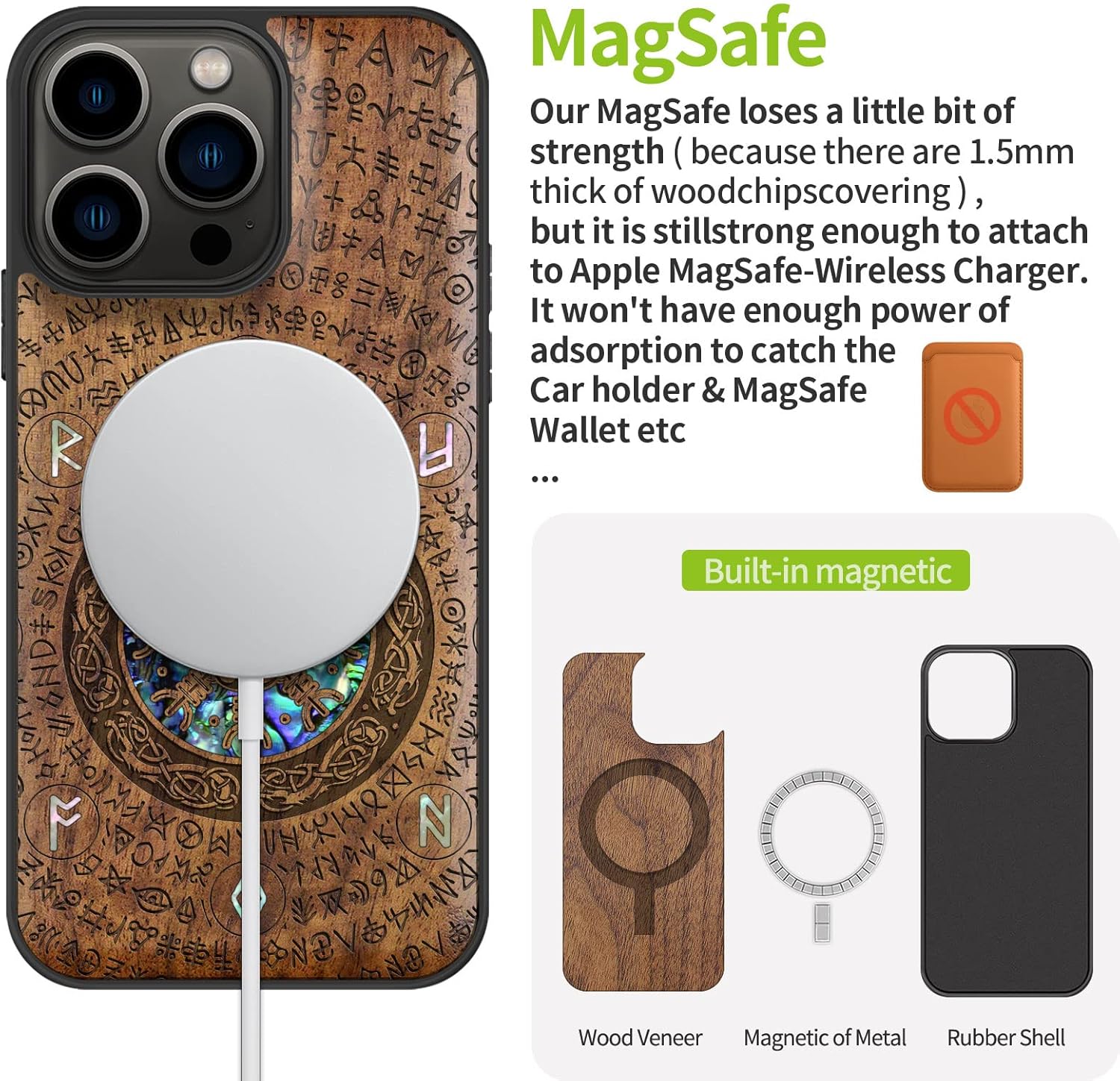 Carveit Designer Wooden Protective Case for iPhone 13 Pro Magnetic Cover [Wood Engraving & Shell Inlay] Wood Phone Case Compatible with 13 Pro MagSafe 6.1 Inch (Viking-Walnut)
