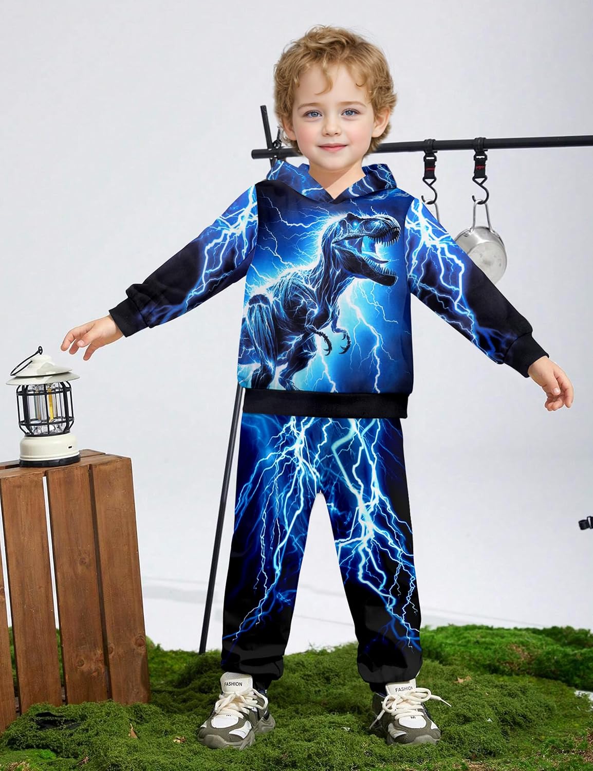 Boys Clothes, T-Rex Print Dinosaur Boy Clothes Fall Winter Outfits Long-sleeved Hooded Sweatshirt Pants 2Pcs Set
