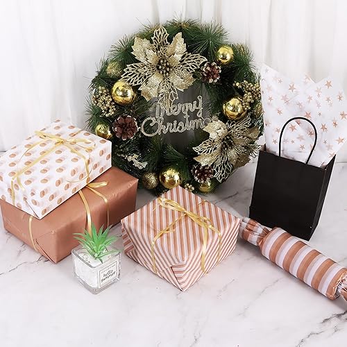 Miniatura 4 de BEISHIDA 100 hojas de papel de seda de oro rosa y blanco a granel, papel de seda de rayas de sarga con puntos de oro rosa para bolsas de regalo,