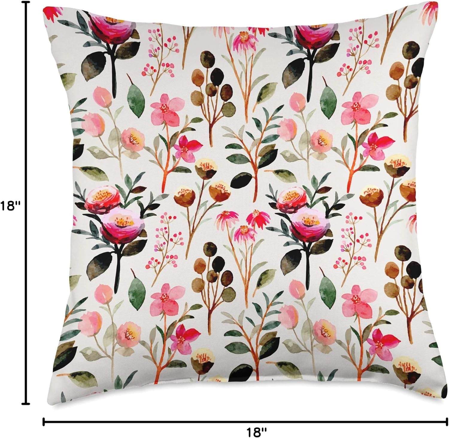 Elegant Watercolor Floral Garden Pattern Pink Rose Green Throw Pillow