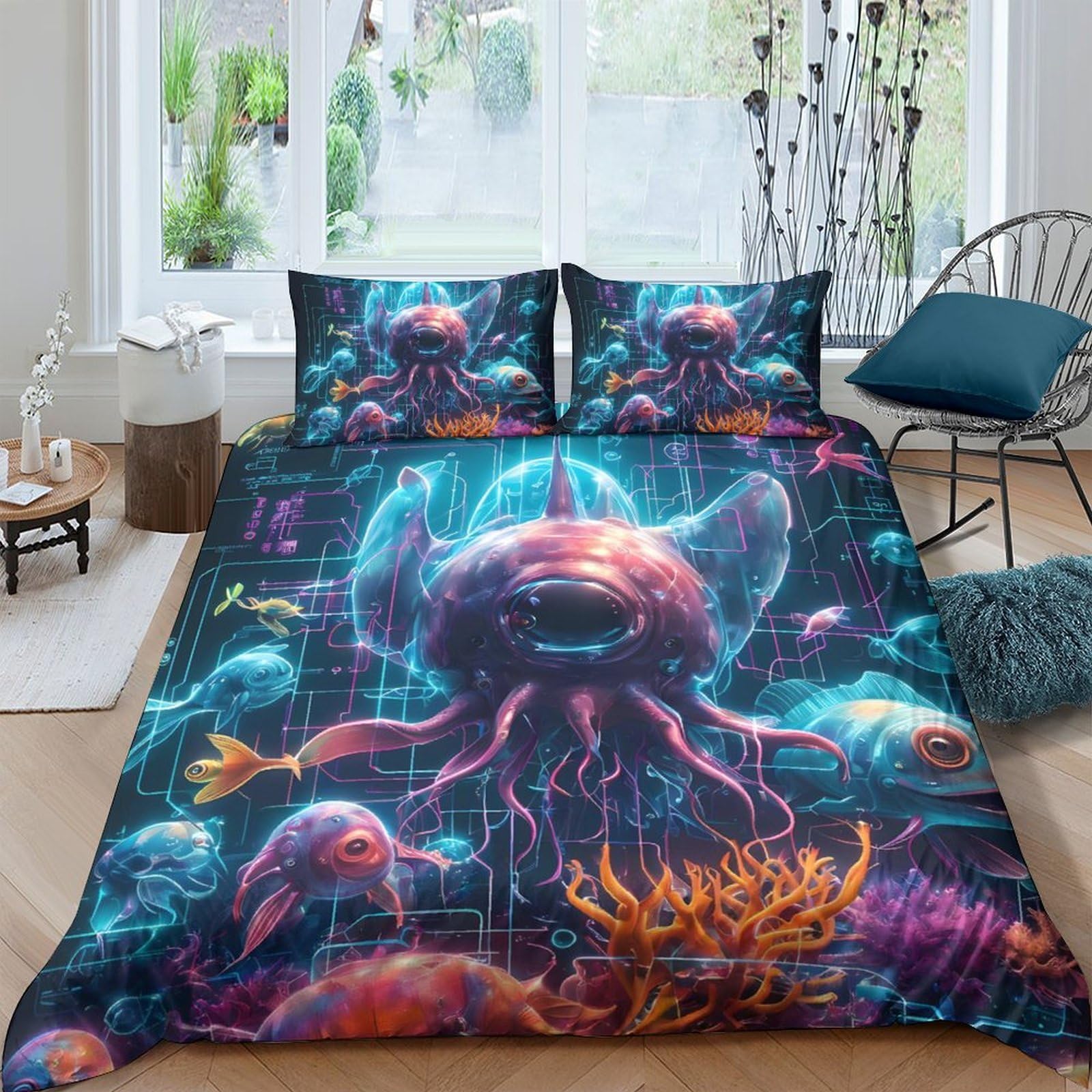 Ctjqhvkz Style-9 3D Printed Deep Sea Octopus Fitted Sheet Microfiber Soft Colorful Ocean Fish Mattress Cover Bedroom Dorm Decor Single（135X200cm）
