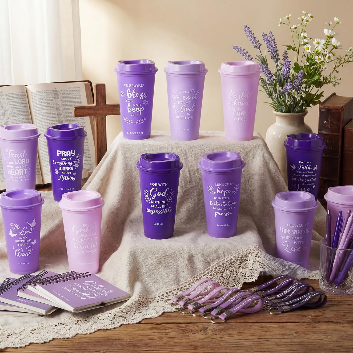 Skylety 12 Set/ 48 Pcs Easter Christian Gifts for Men Women Religious Gift Set 16 oz Bible Scripture Cups with Lids Mini Spiral Notebooks Pens Keychains for Mother Father Birthday(Purple Gradient)