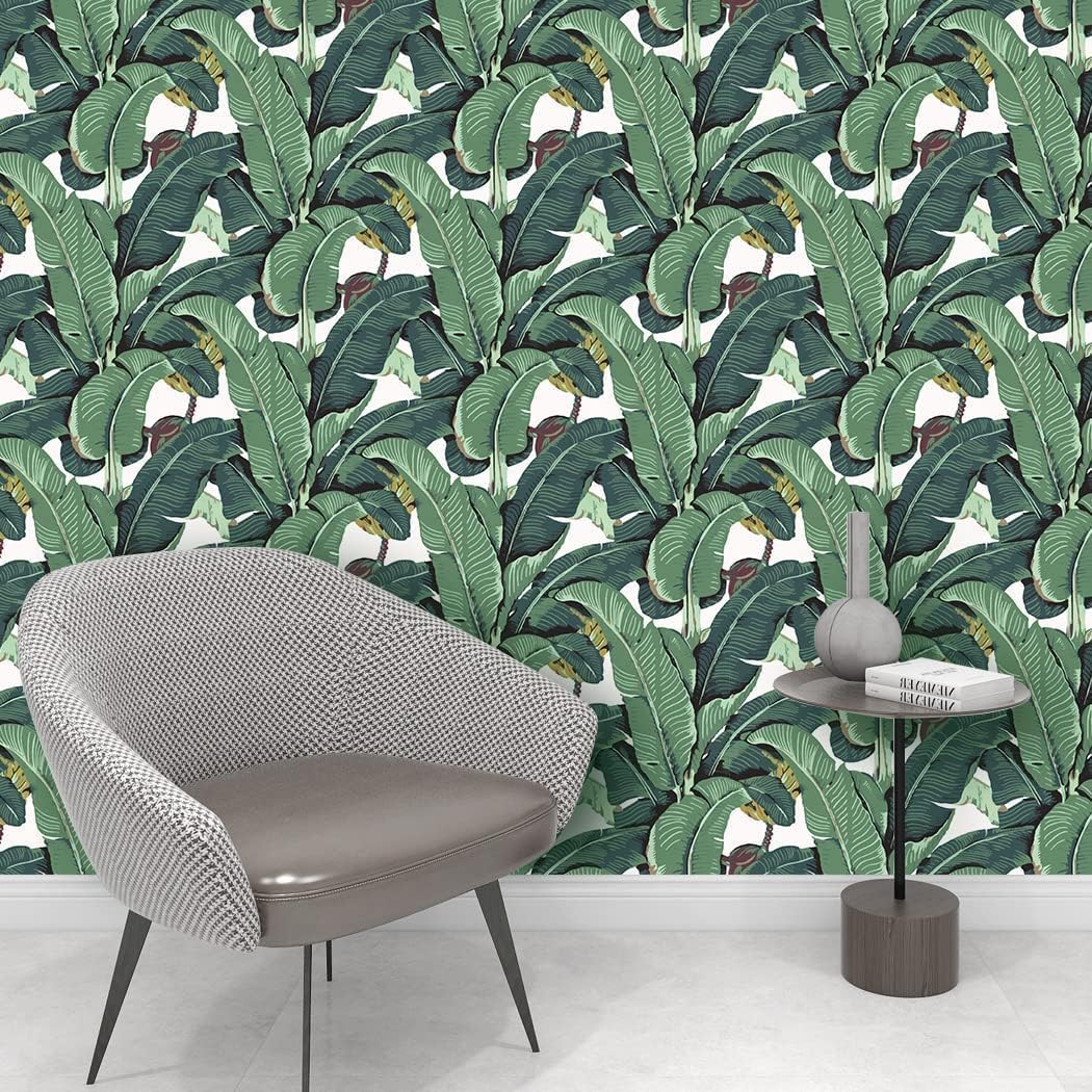 Tropical Palm Leaf Peel and Stick Wallpaper Green Banana Leaves Self Adhesive Wall Paper Removable Contact Paper for Living Room 17.7in x 9.8ft (Pack of 2)