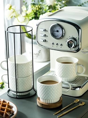 Miniatura 4 de LYEOBOH Tazas de café apilables con estante, juego de 4 tazas de café de cerámica de 13 onzas con soporte, taza de café con cuchara, tazas de