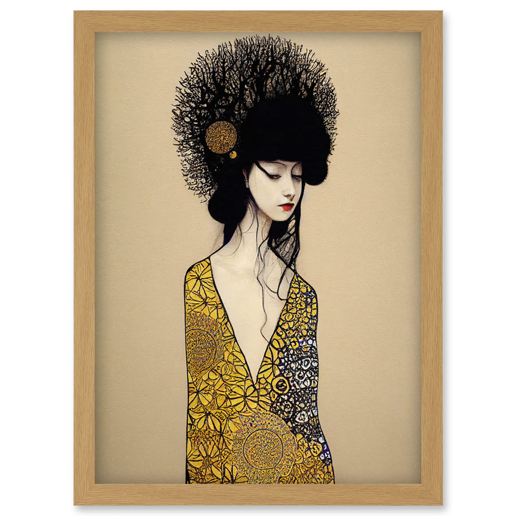 Wee Blue Coo The Goddess in Gold Black Klimt Style Robe Artwork Framed Wall Art Print A4