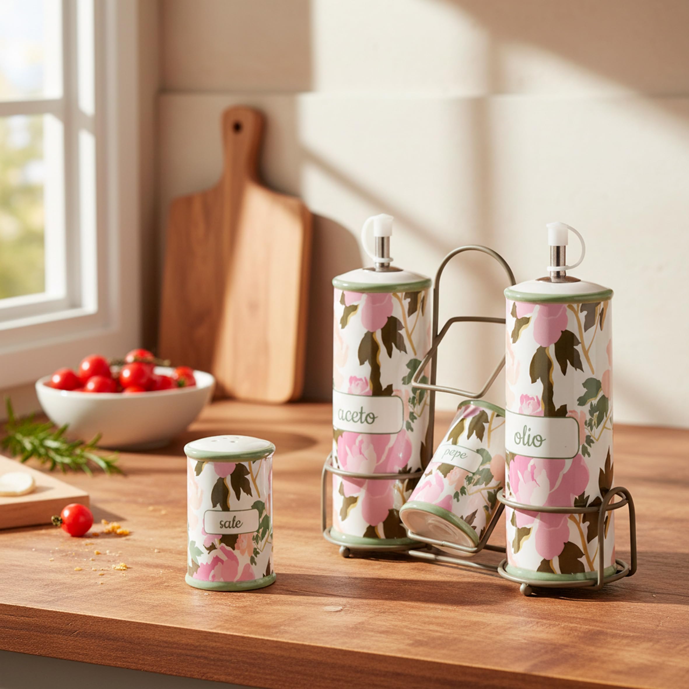 Baroni Home Menage Olio Aceto Sale Pepe in Ceramica con Stand in Metallo, Accessorio da Cucina Colorato Resistente, Linea Rose, 21X8X22cm