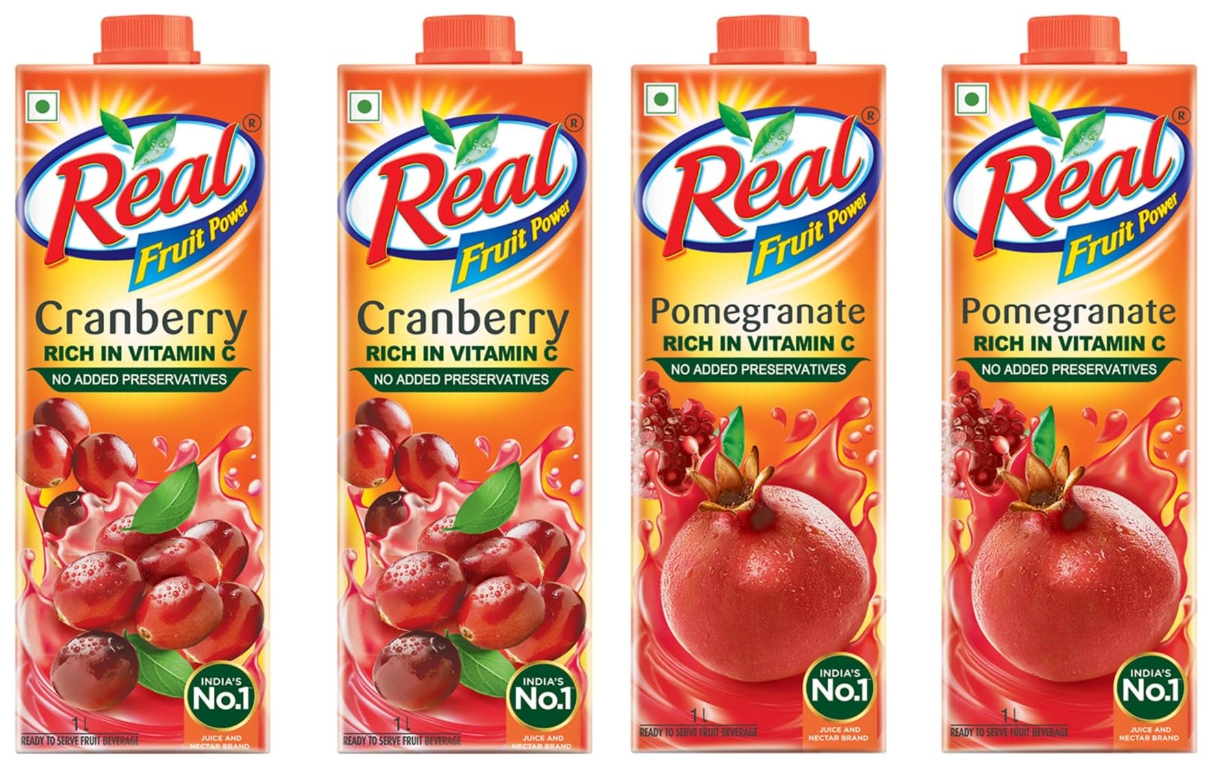 Real Fruit Power Juice, Cranberry, 1L (Pack of 2) & Real Fruit Juice, Pomegranate, 1L (Pack of 2)