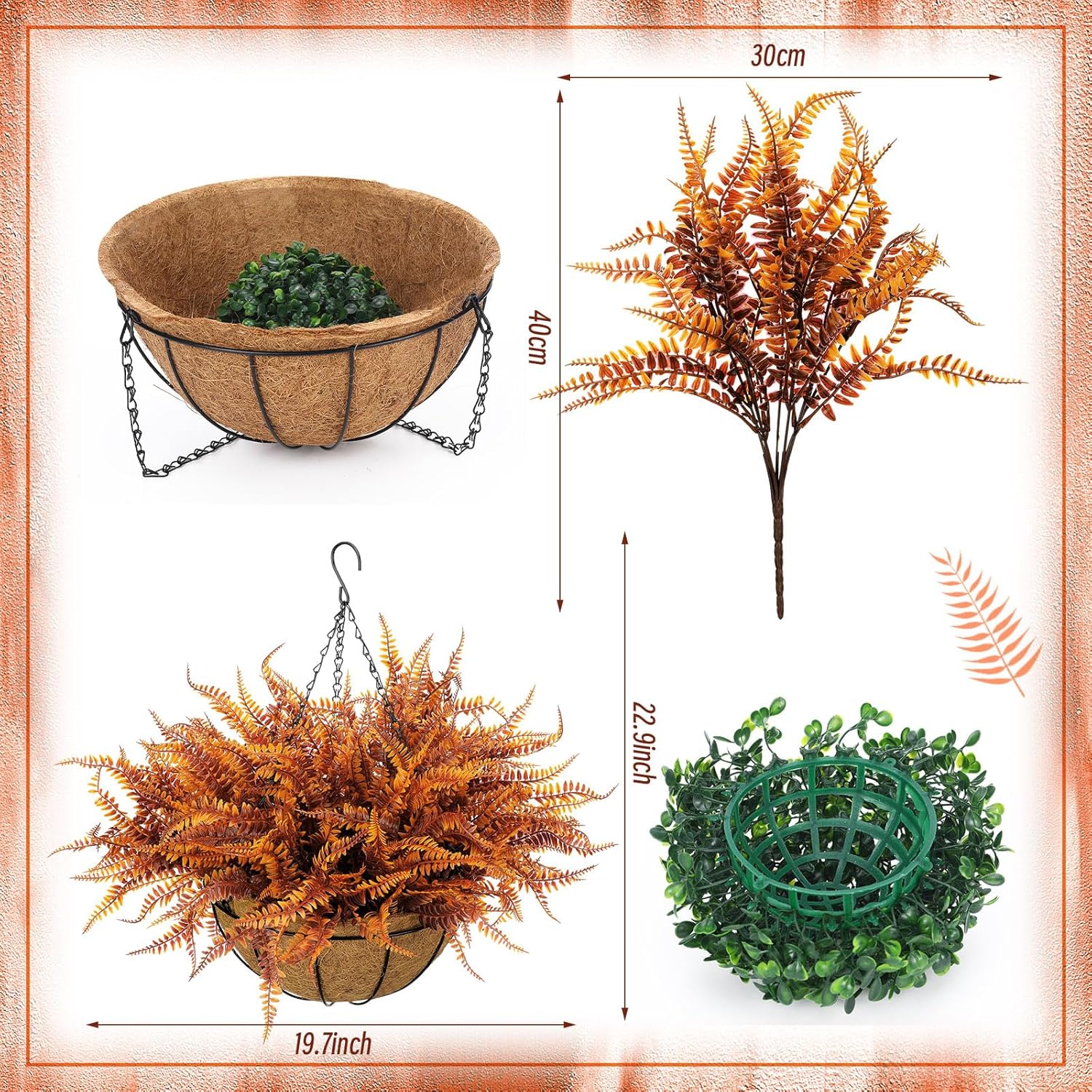 Fall Hanging Basket Artificial Boston Ferns Fall Porch Decor Outdoor Artificial Flowers 8 Bundle Faux Fern Plant Fake Silk Greenery Flower UV Resistant Realistic Shrub Bushes Autumn Home Table Decor - Image 2