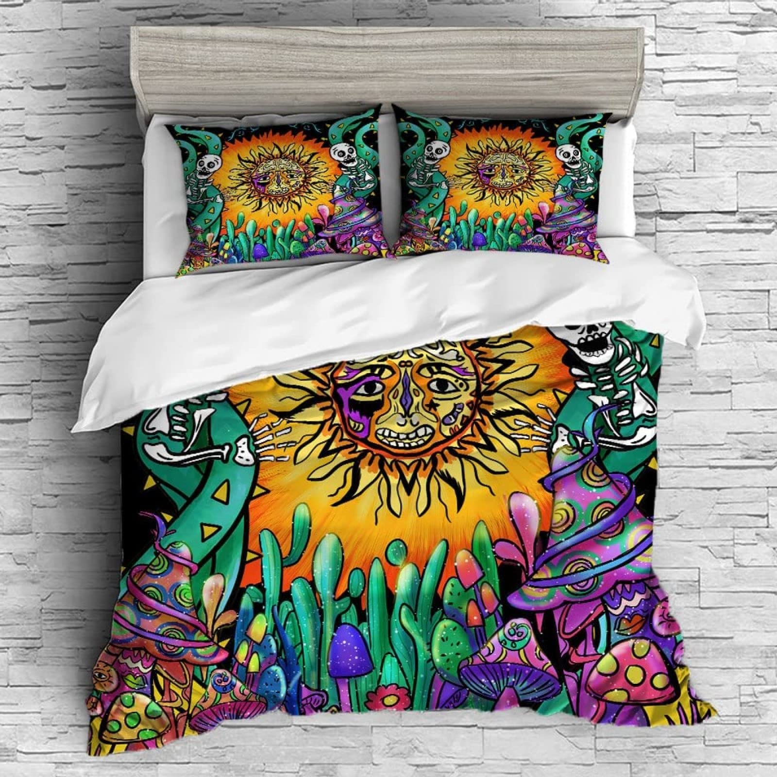 Sublime Sun Colorful Mushroom Cactus Boho Hippie Style Burning Kids' Duvet Cover Sets, Soft Comforter Duvet Covers, Decorative 3 Piece Bedding Set with 2 Pillow Shams(Queen 90" X 90")