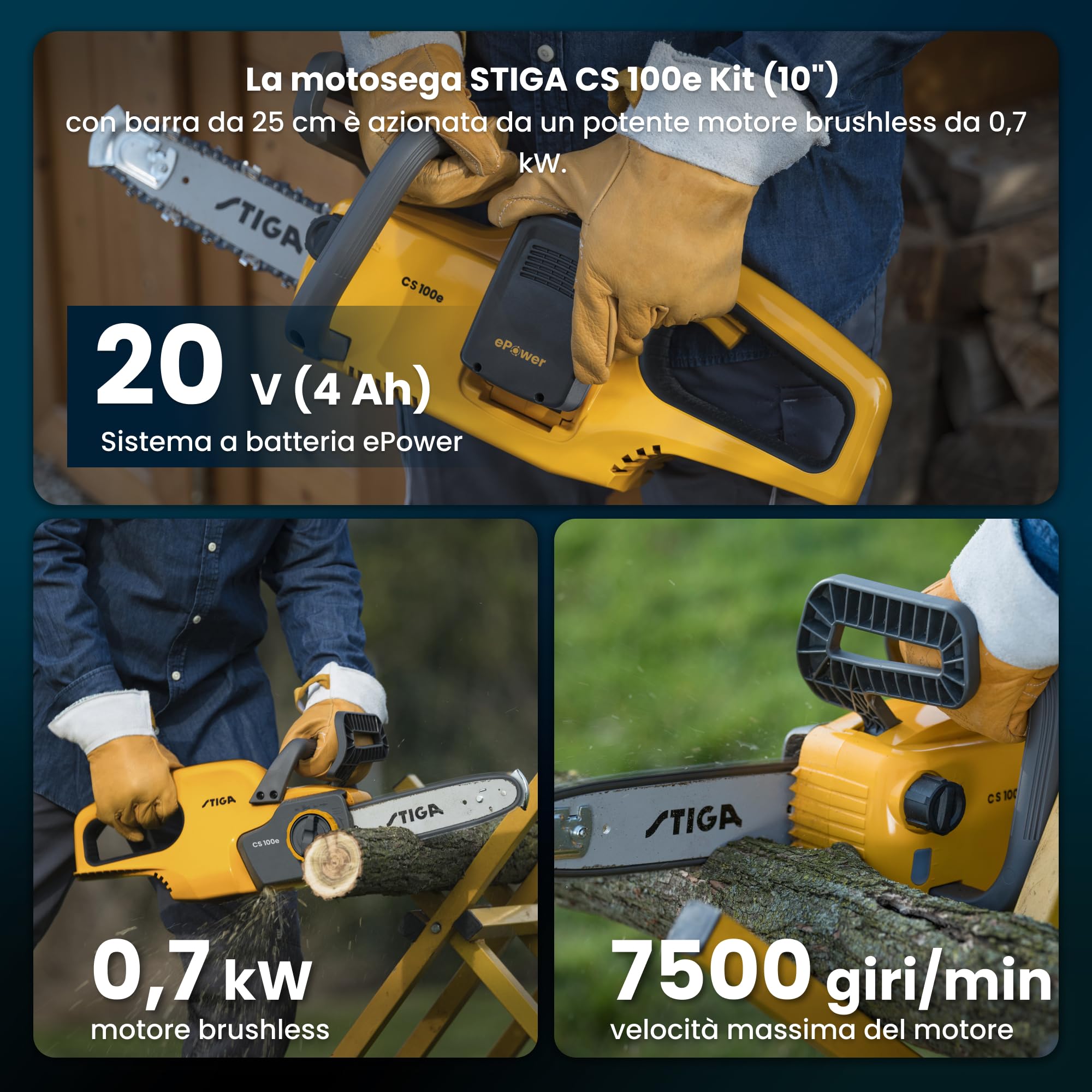 STIGA CS 100e Kit Motosega a Batteria, 20 V, Barra 25 cm, 4 Ah – Freno catena inerziale, Tensionamento rapido catena – Potatura e taglio legna domestico