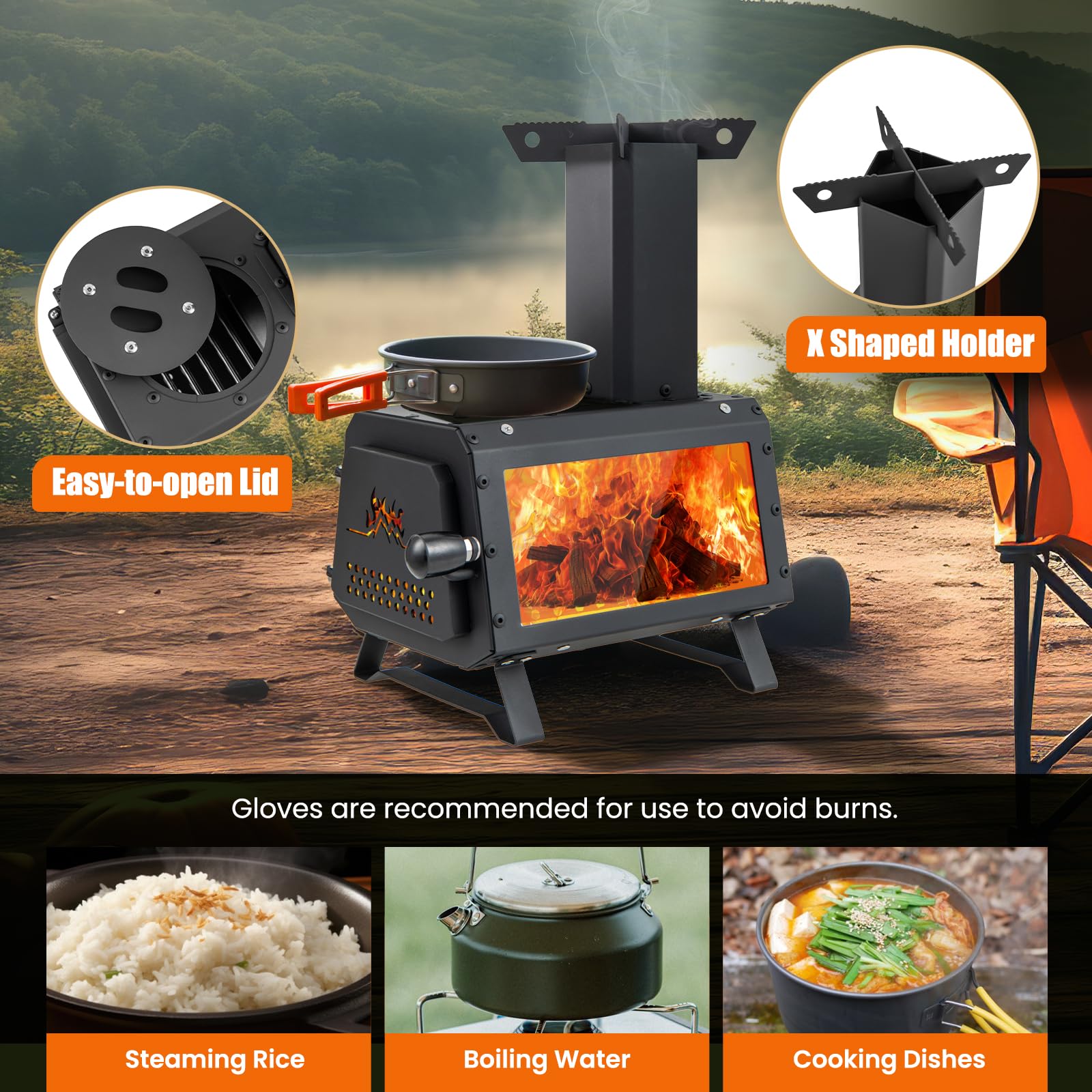 KOMFOTTEU Forno a legna con finestra visibile, forno a razzo portatile con 2 superfici di cottura, forno da tenda con cenerino e apertura di ventilazione, forno da campeggio 28,5 x 20 x 37 cm, per