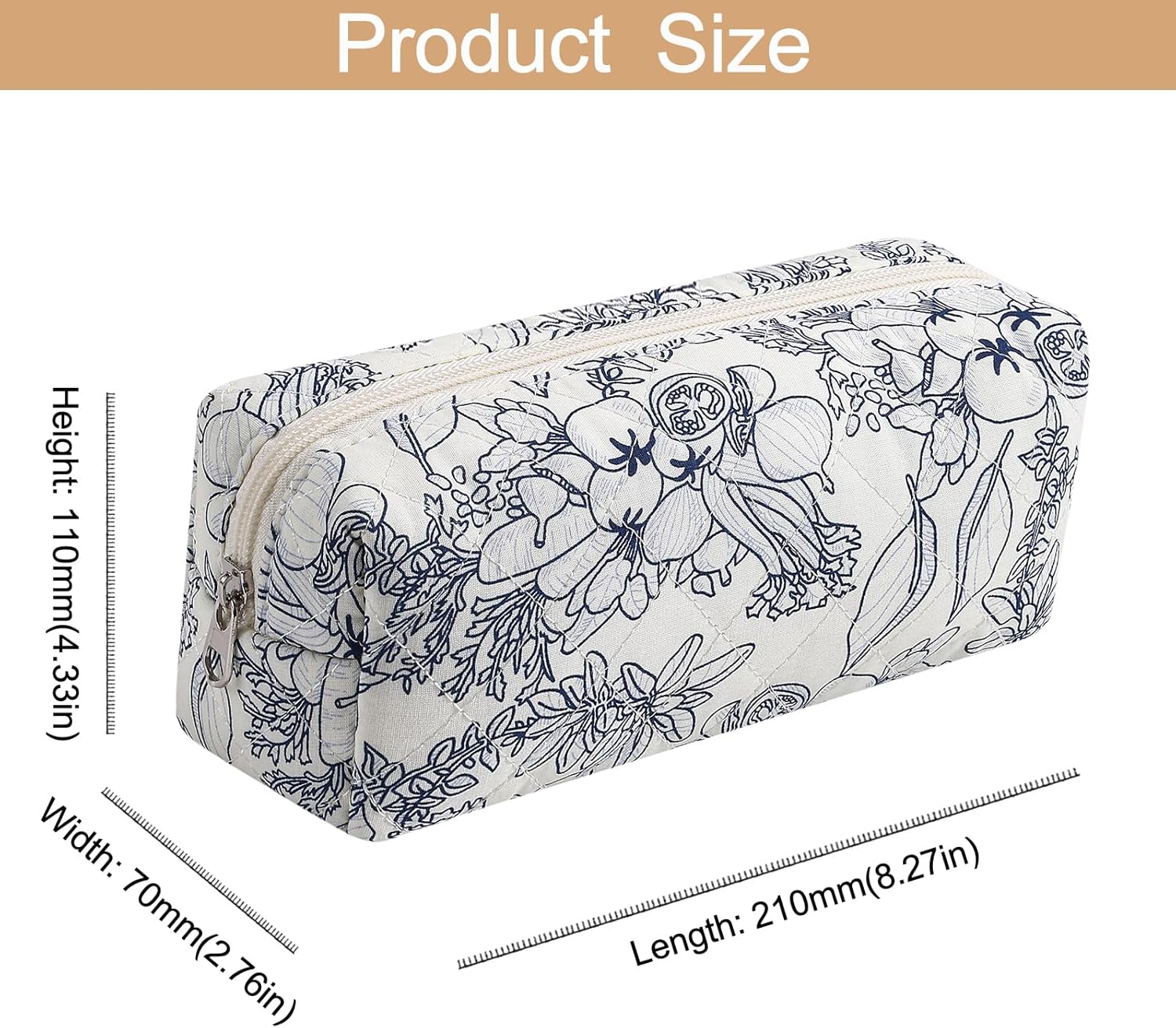 Cute Floral Cotton Makeup Brush Cosmetic Bag for Women, Travel Quilted Zipper Make Up Bag, Flowers Toiletry Organizer Case Kawaii Makeup Cosmetic Travel Cloth Pouch (Navy Blue Flower) - Image 4