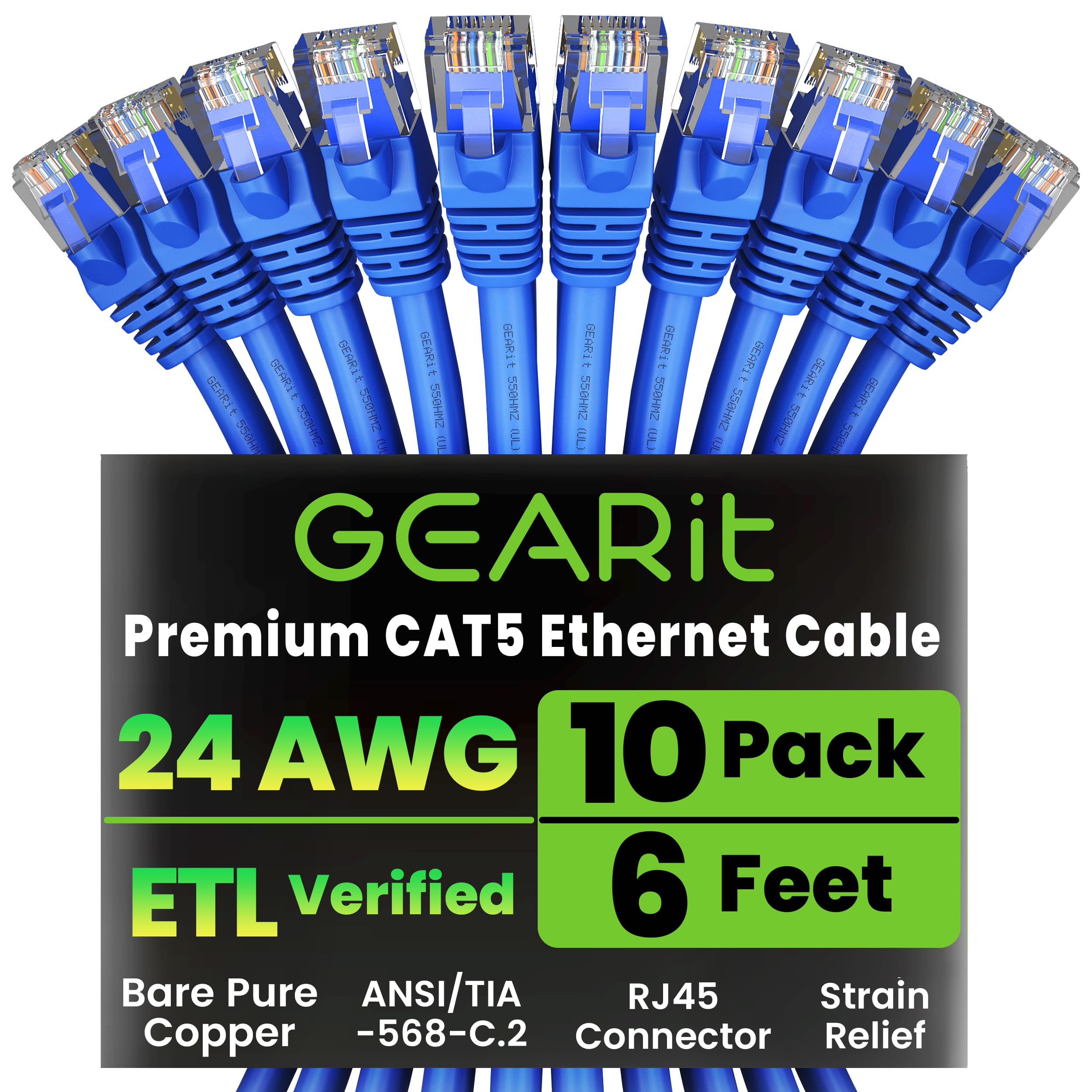 10-Pack, Cat5e Ethernet Patch Cable 6 Feet - Snagless RJ45 Computer LAN Network Cord, Blue - Compatible with 10 Port Switch POE 10port Gigabit