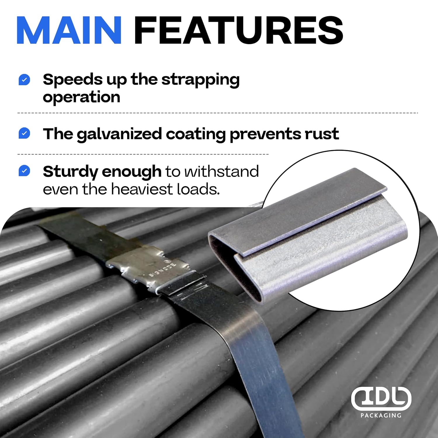 IDL Packaging 1 1/4" Closed (Push Type) Seals for Steel Strapping, Pack of 100 - USA-Made Sturdy Metal Clips for Securing Heavy Load Packaging - Superior Holding Power for Steel Banding Jobs