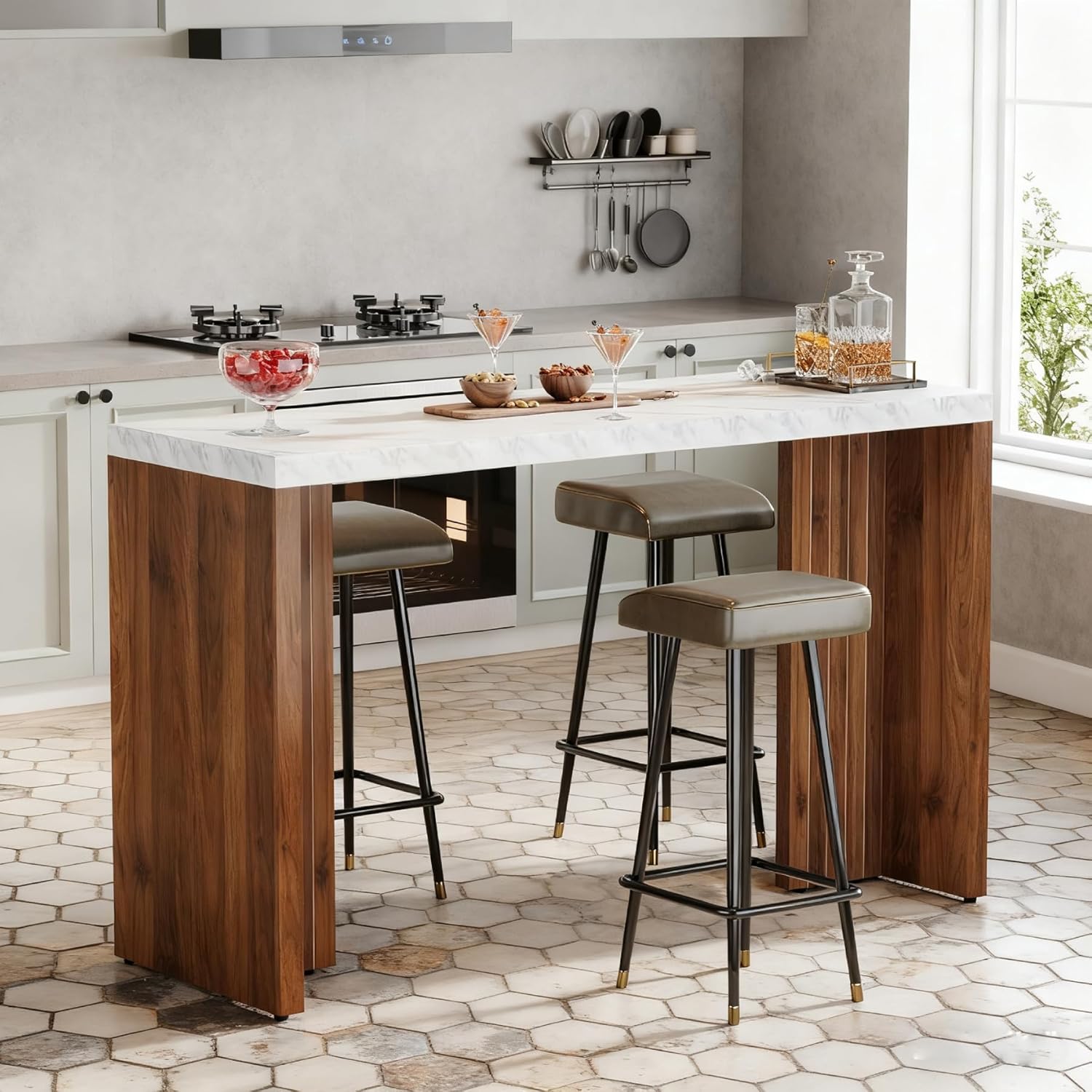 Tribesigns 55.12-Inch Long Bar Table, Modern Home Bar Unit with a Faux Marble Top, Freestanding Rectangle Kitchen Bar Table for Living Room, Balcony, Basement, White and Walnut