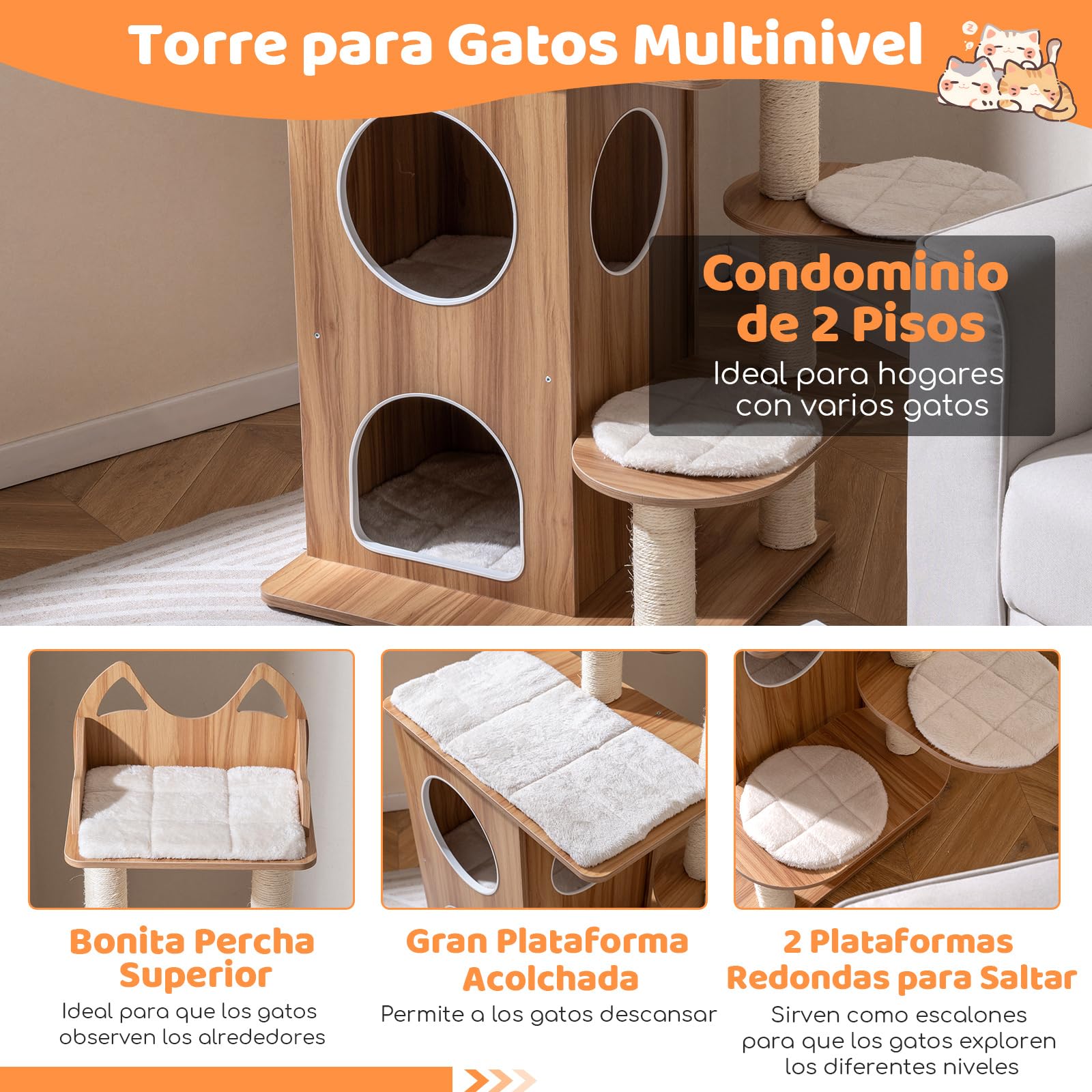GOPLUS Árbol Rascador para Gatos con 2 Camas, una Plataforma Rectangular, 2 Plataformas Redondas y un Posadero con Barandillas, Rascador de Interior con Postes de Sisal y Alfombrillas Extraíbles