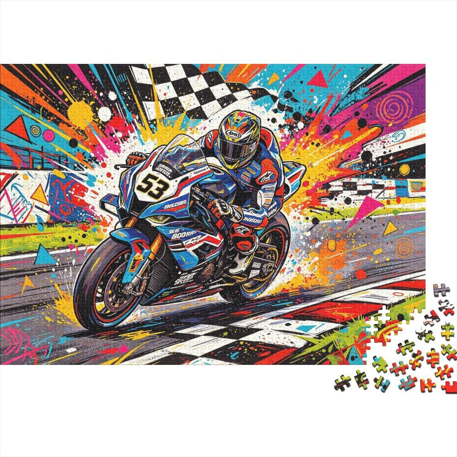 Motorcycle Race Jigsaw Puzzles 1000 Piece Recyclable Championship Moment Puzzle for Elderly Educational Game Decompression Ideal for Holiday Blessings Gift 38x26cm/1000pcs